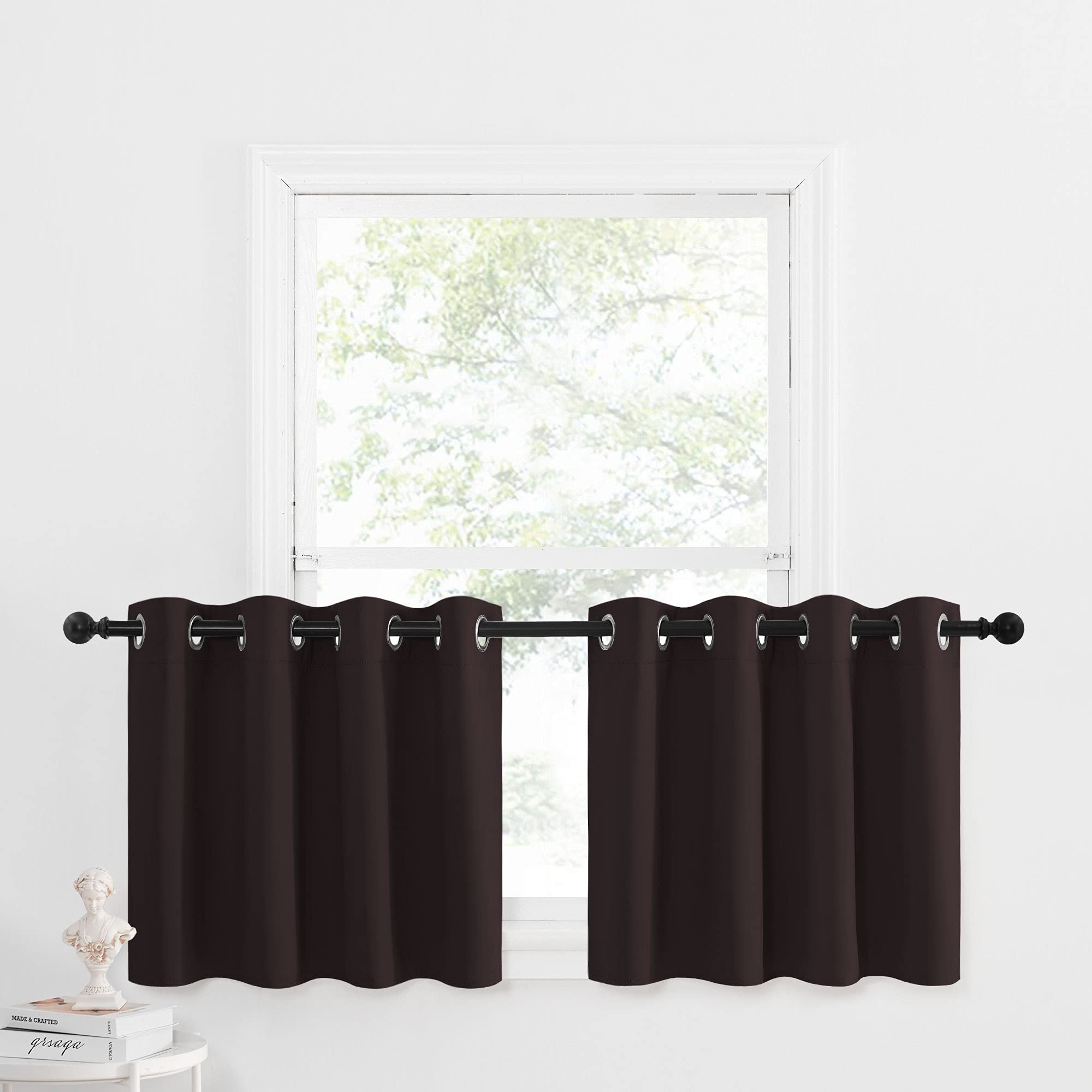NICETOWN Kitchen Curtains Window Treatments - Eyelet Top Home Fashion Blackout Curtains Tailored Drapes for Cafe (Toffee Brown, 