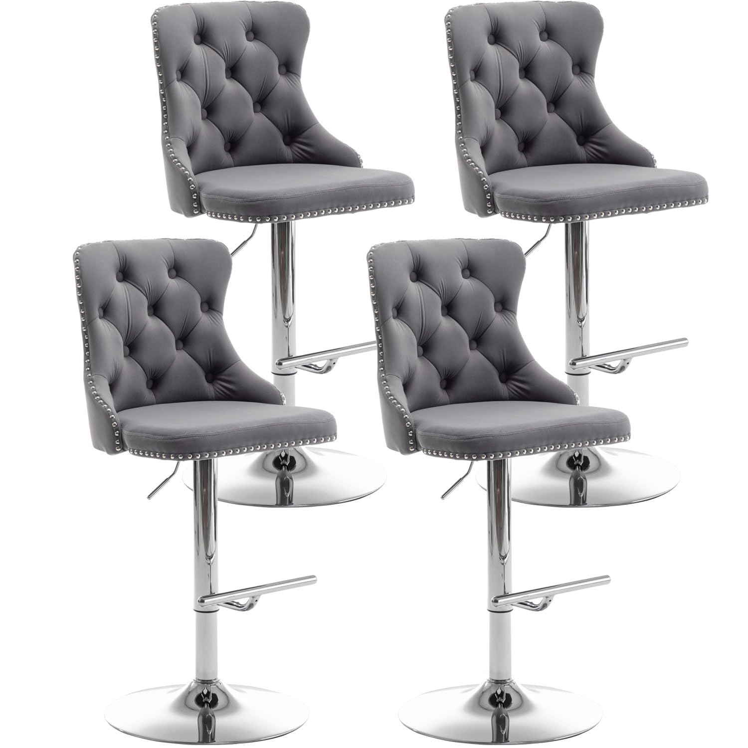 Riknuxi Velvet Bar Stools Set of 4, Counter Height Bar Stools with Button & Nailheads Trim, Swivel Bar Stools for Kitchen Island