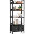 Furologee 5-Tier Bookshelf, Tall Bookcase with 2 Storage Drawers, Industrial Display Standing Shelf Units, Wood and Metal Storag