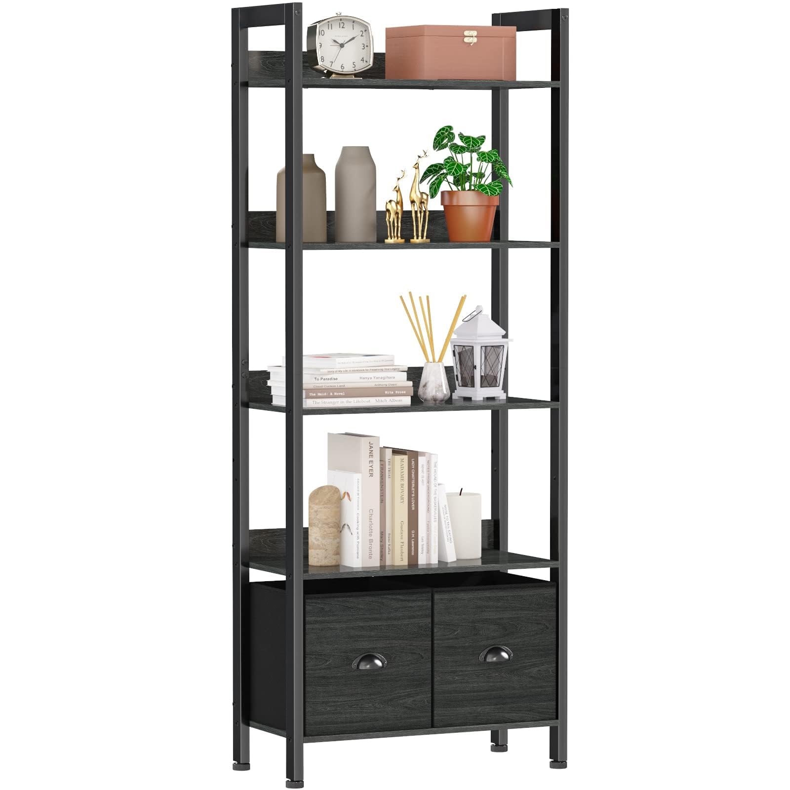 Furologee 5-Tier Bookshelf, Tall Bookcase with 2 Storage Drawers, Industrial Display Standing Shelf Units, Wood and Metal Storag