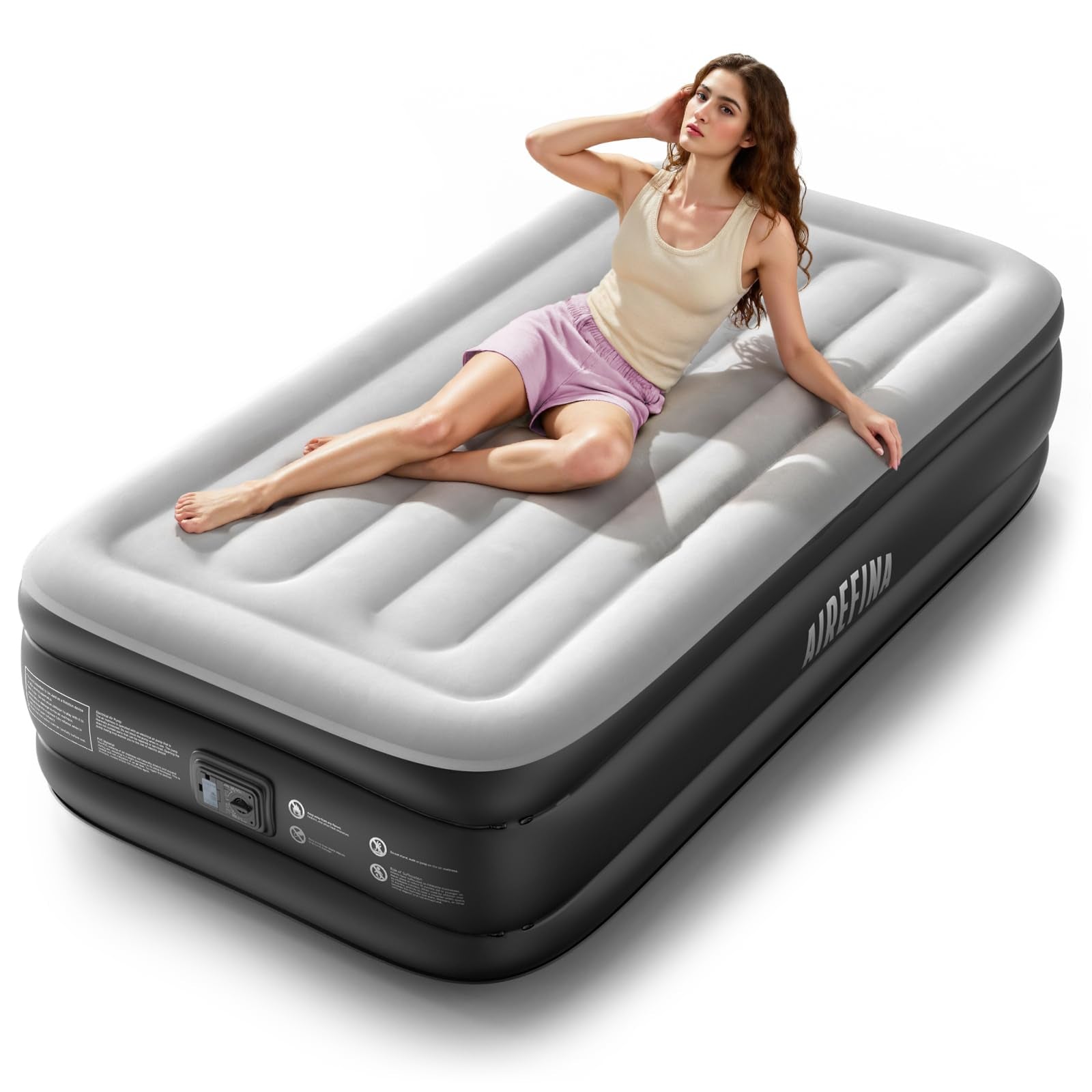 Airefina Twin Air Mattress with Built in Pump Raised, Comfort Twin Blow Up Mattress Upgraded Inflatable Mattress for Camping Gue