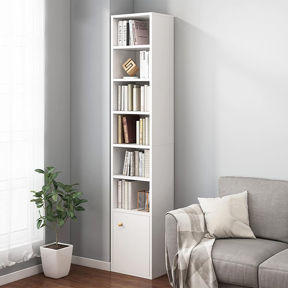 IOTXY Small Narrow Corner Bookcase - 71 Inches Tall Gap Freestanding Storage Cabinet, 7 Lattices Open Shelves Tower Rack with Do