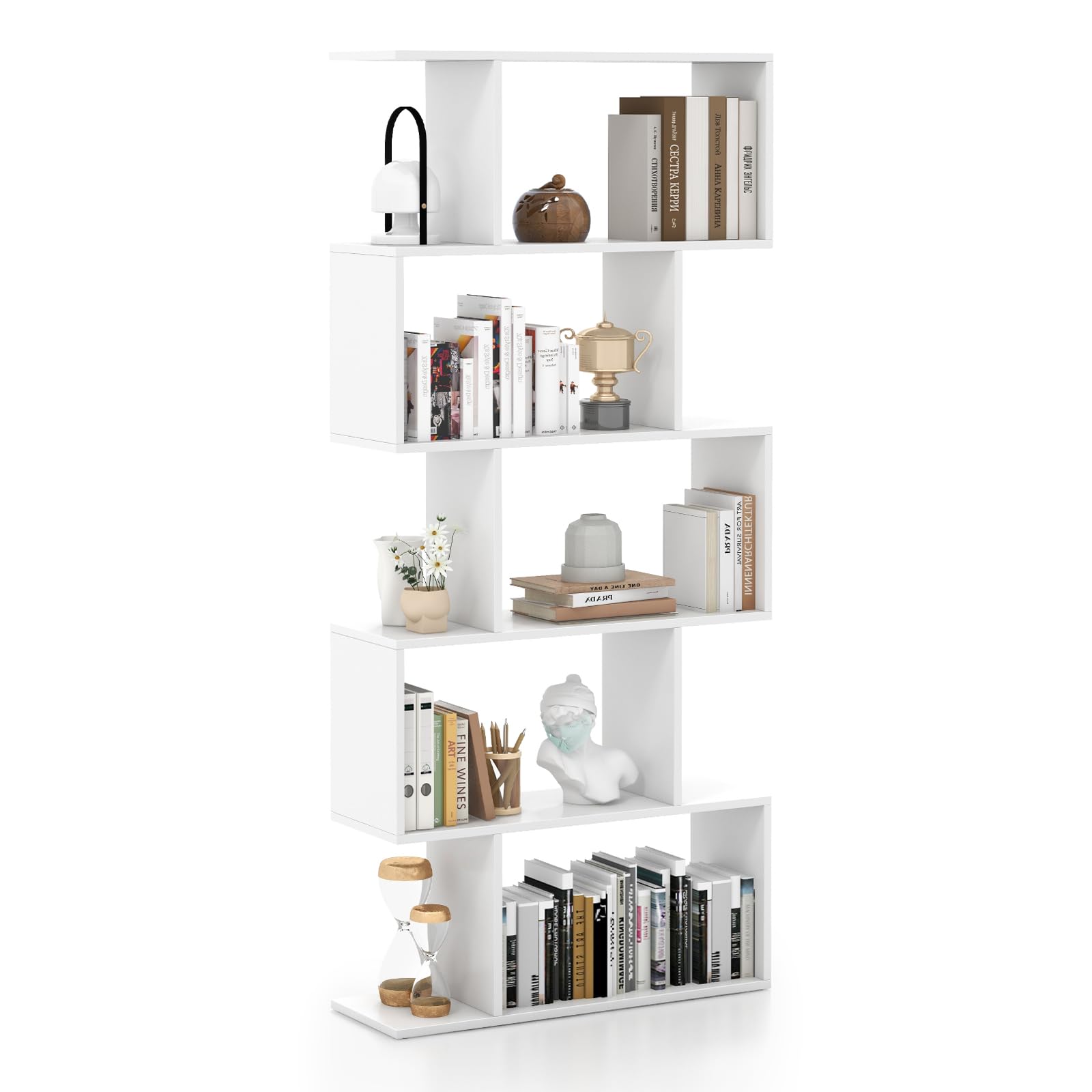 Tangkula 5-Tier Geometric Bookshelf, S Shaped Bookcase w/Anti-Toppling Device, Freestanding Room Divider, Industrial Home Office