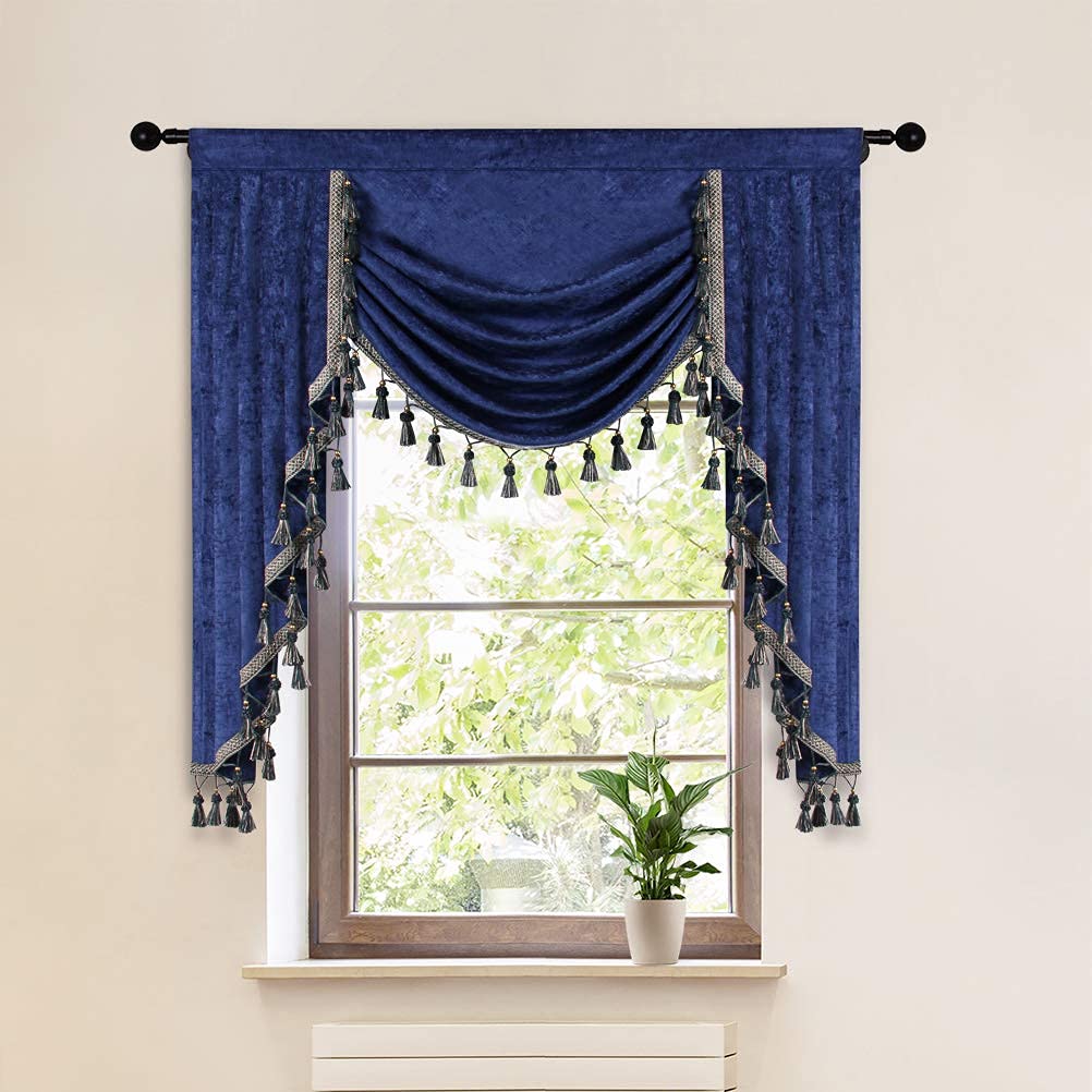 ELKCA Double-Sided Chenille Window Curtains Valance for Living Room Royal Blue Waterfall Valance for Bedroom,Rod Pocket (W39inch