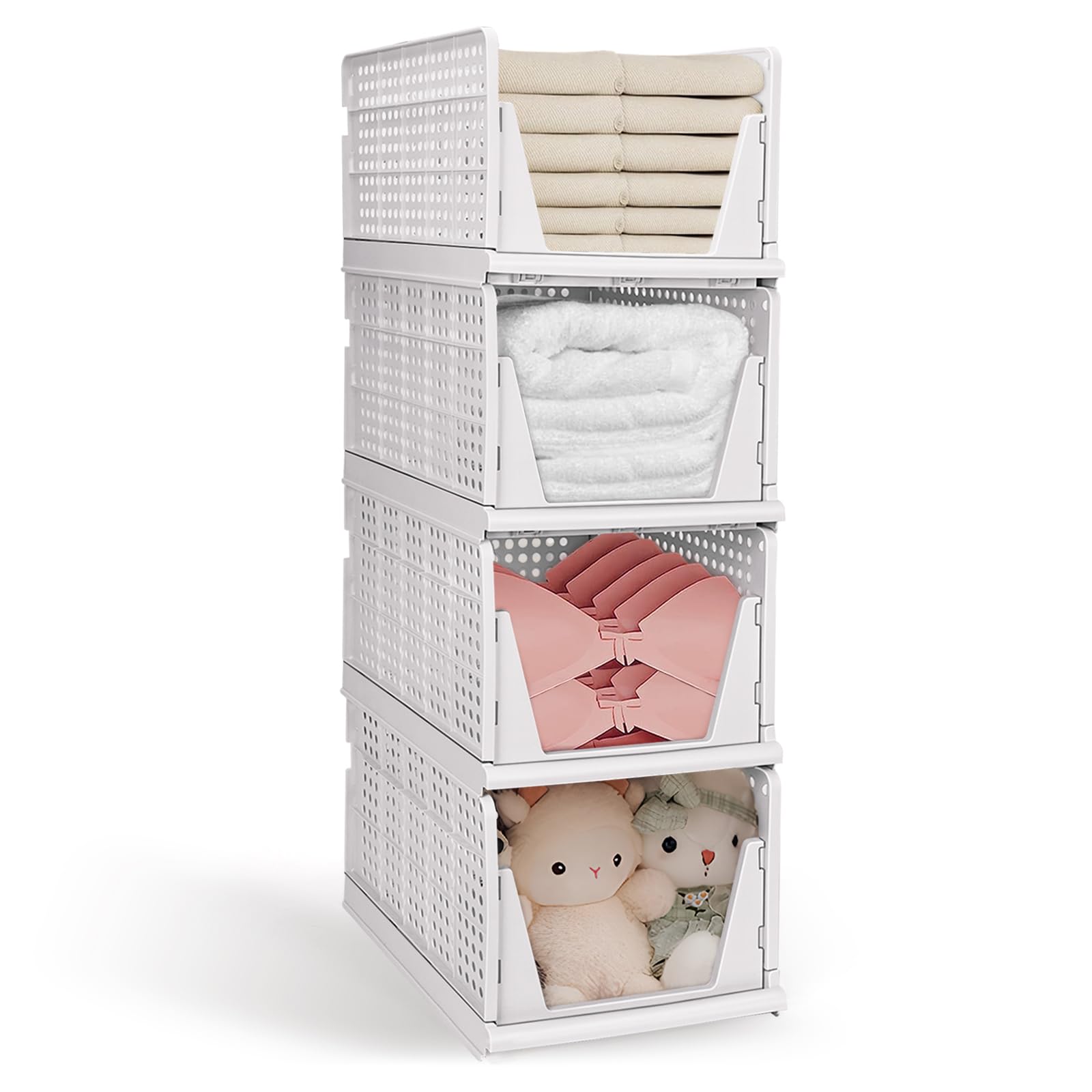 XL Stackable Plastic Storage Basket, 4 Packs closet storage bins for clothes sweater organizer for closet Folding closet organiz