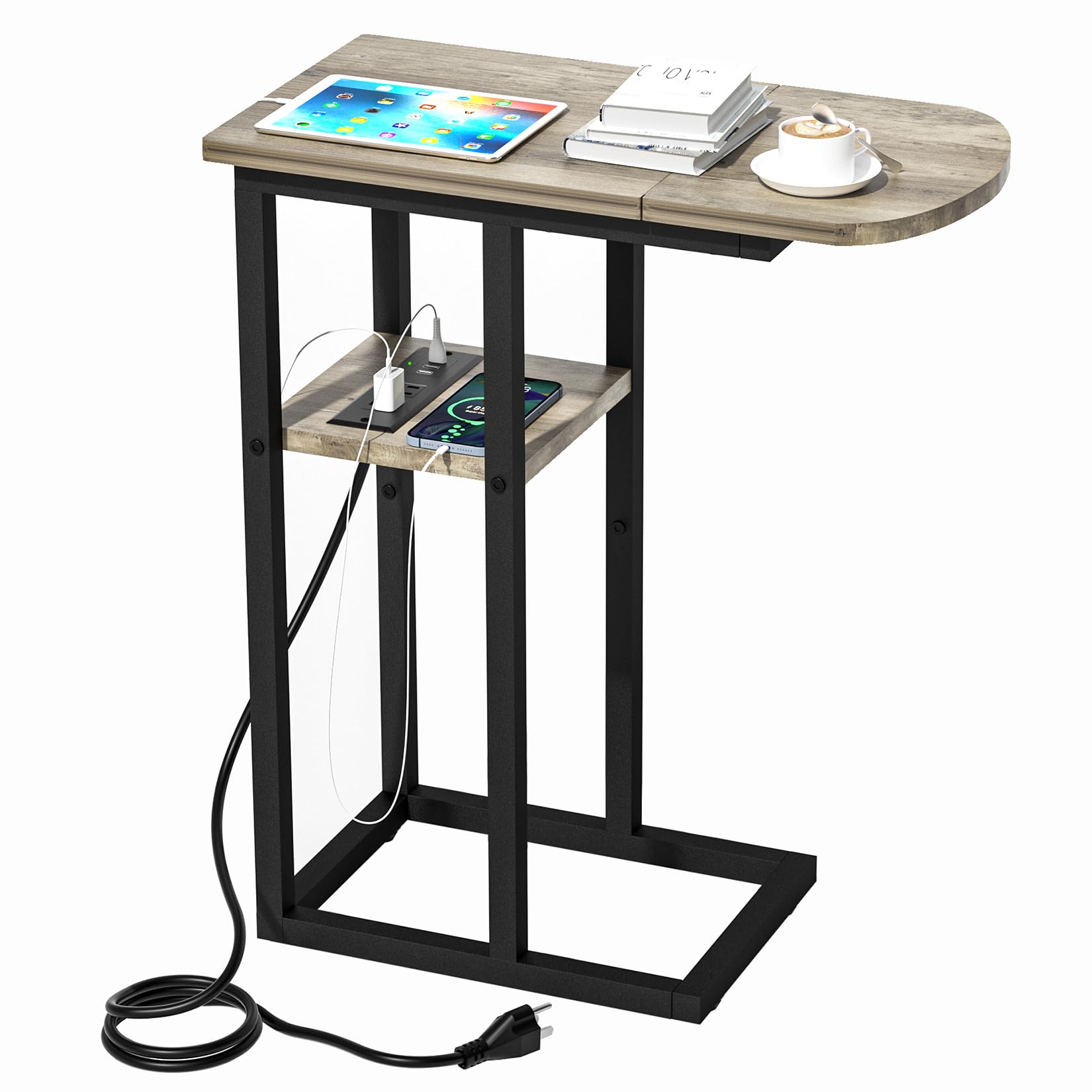 eiskah C Table End Table with Charging Station, Couch C Shaped Side Table for Living Room, Bedroom, Laptop Table with USB Ports 