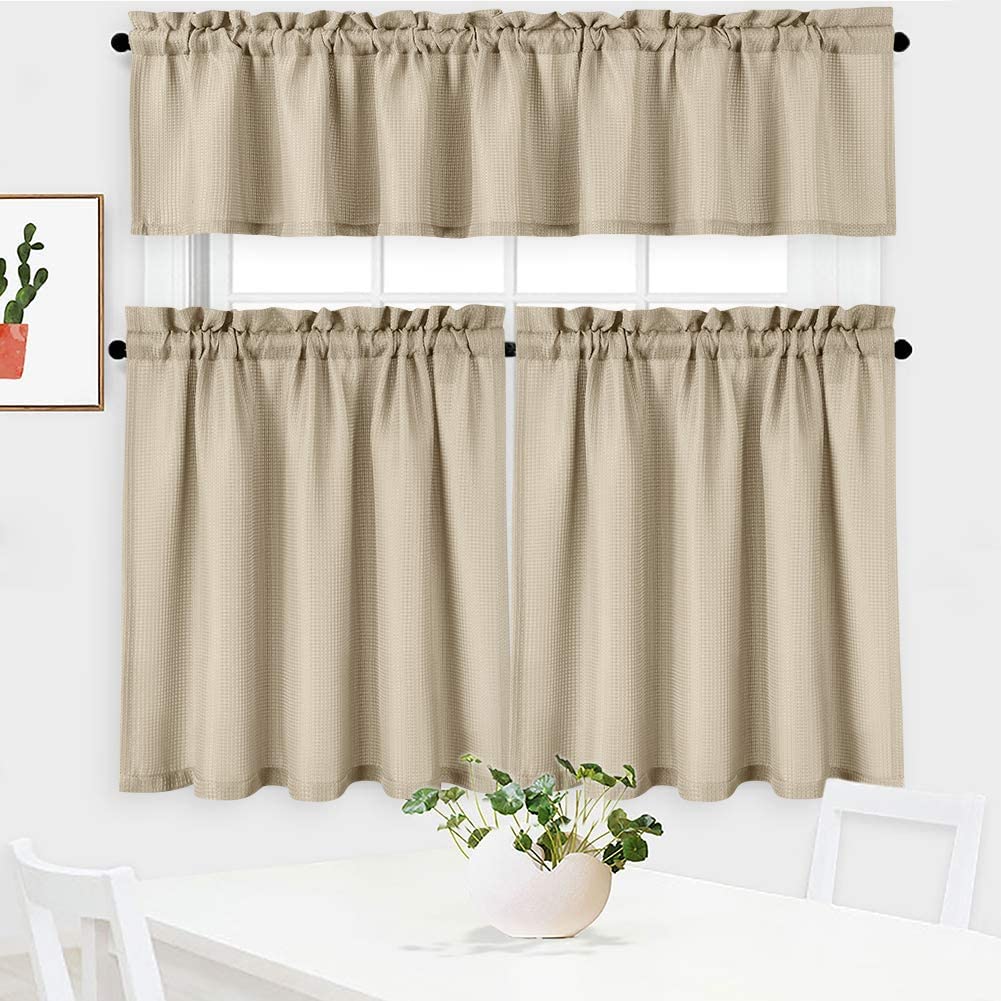 NANAN Kitchen Curtains and Valances Set 3 PCS 30 Inch Length, Waffle Weave Textured Cafe Cutains Tier and Valance, Waterproof Ba