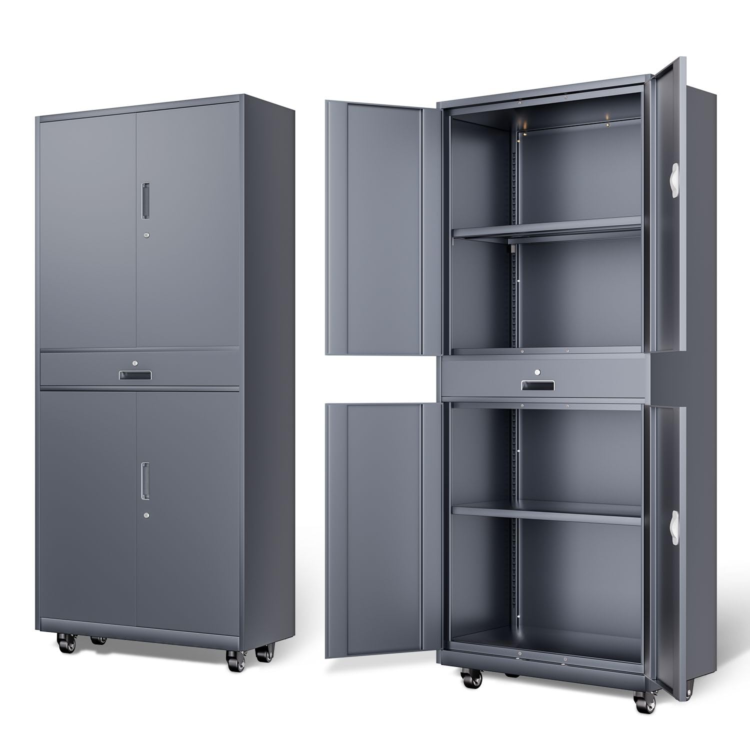 DNA MOTORING 73 Metal Storage Cabinet, Rolling Garage Cabinet with 1 Drawer and Adjustable Shelves, Lockable Heavy Duty Metal 