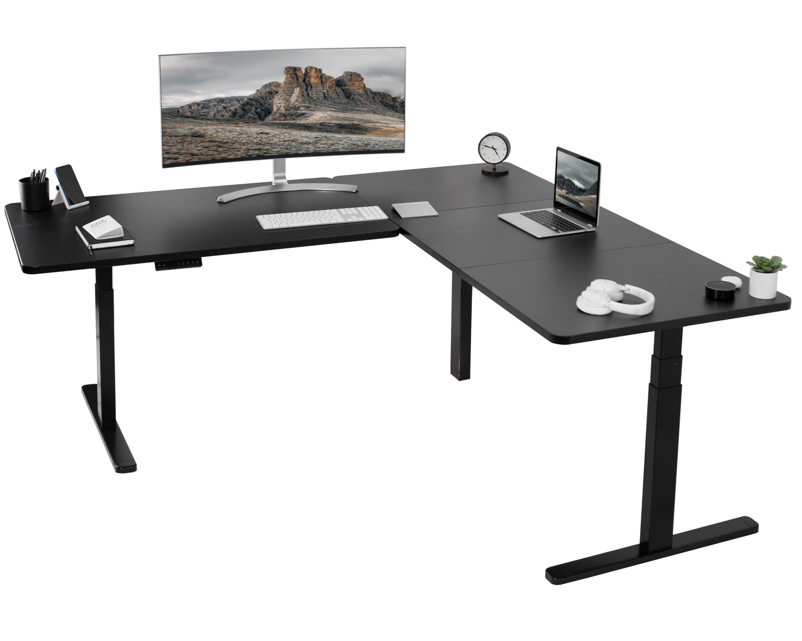 VIVO Electric Height Adjustable 77 x 71 inch Corner Stand Up Desk, 2 Black 30 inch Deep Table Tops, Black Frame, Memory Controll