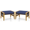 Tangkula Set of 2 Outdoor Ottomans, Patio Acacia Wood Ottomans with Cushions, Versatile Rattan Woven Footstools, Wicker Footrest