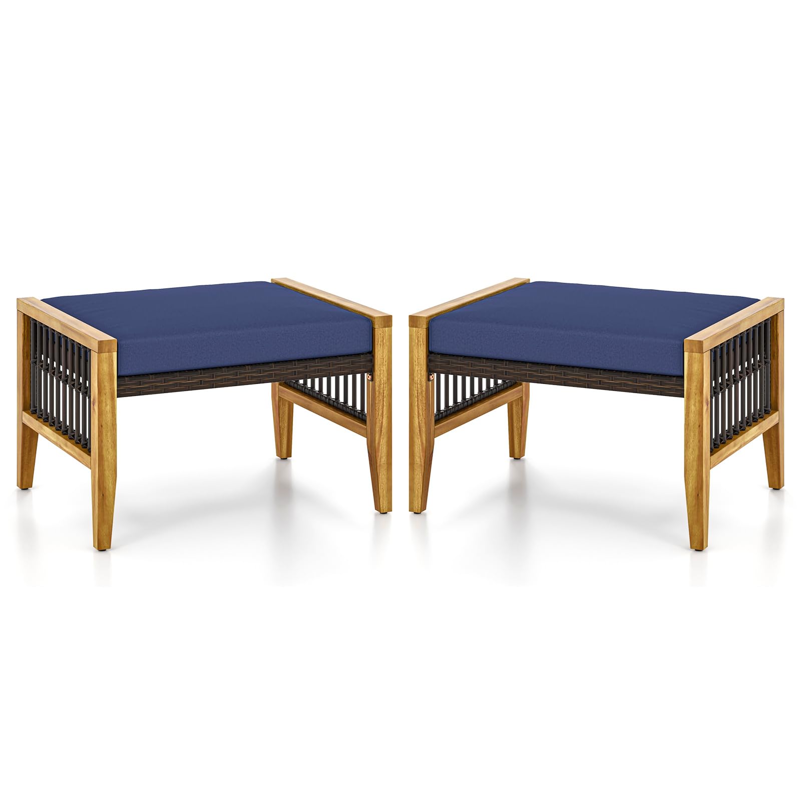 Tangkula Set of 2 Outdoor Ottomans, Patio Acacia Wood Ottomans with Cushions, Versatile Rattan Woven Footstools, Wicker Footrest