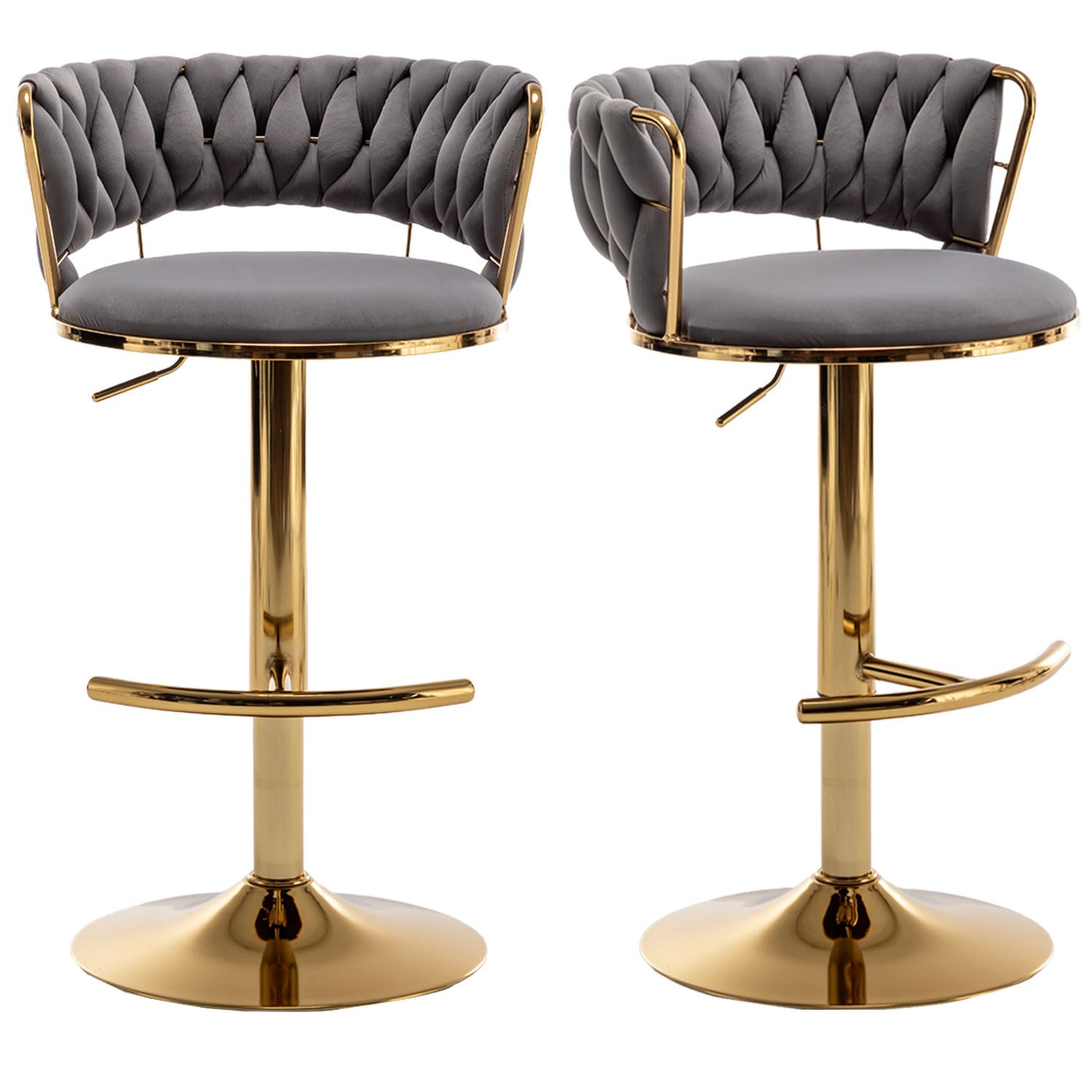 Riknuxi Velvet Bar Stools Set of 2, Counter Height Bar Stools with Low Back, Gold Swivel Bar Stool for Kitchen Island, Bar Pub (