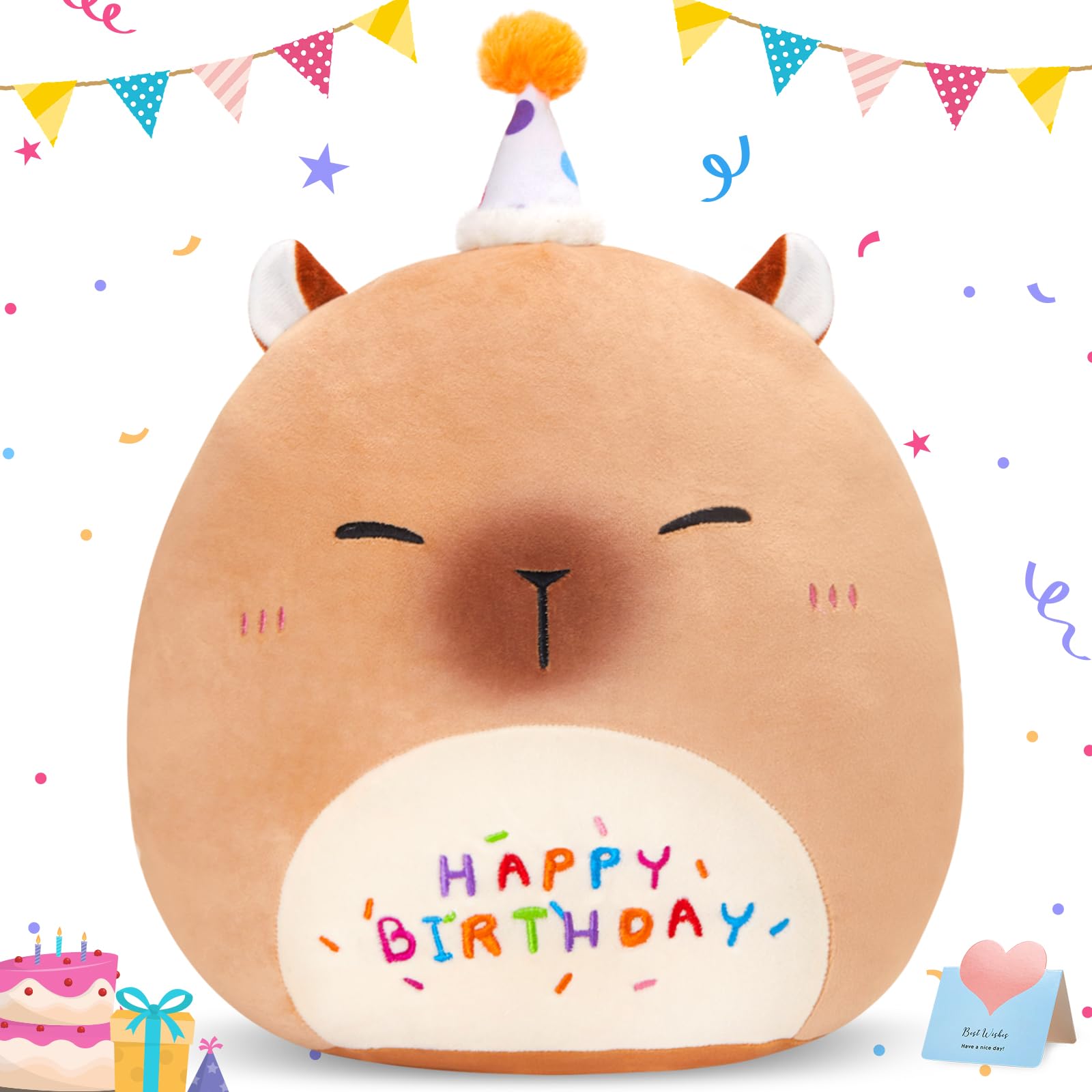 CozyWorld 14 Birthday Capybara Plush Pillow,Cute Capybara Stuffed Animal,Squish Capybara Happy Birthday Pillow,Kawaii Capybara