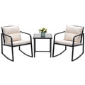 Devoko 3 Piece Rocking Bistro Set Wicker Patio Outdoor Furniture Porch Chairs Conversation Sets with Glass Coffee Table (Beige)