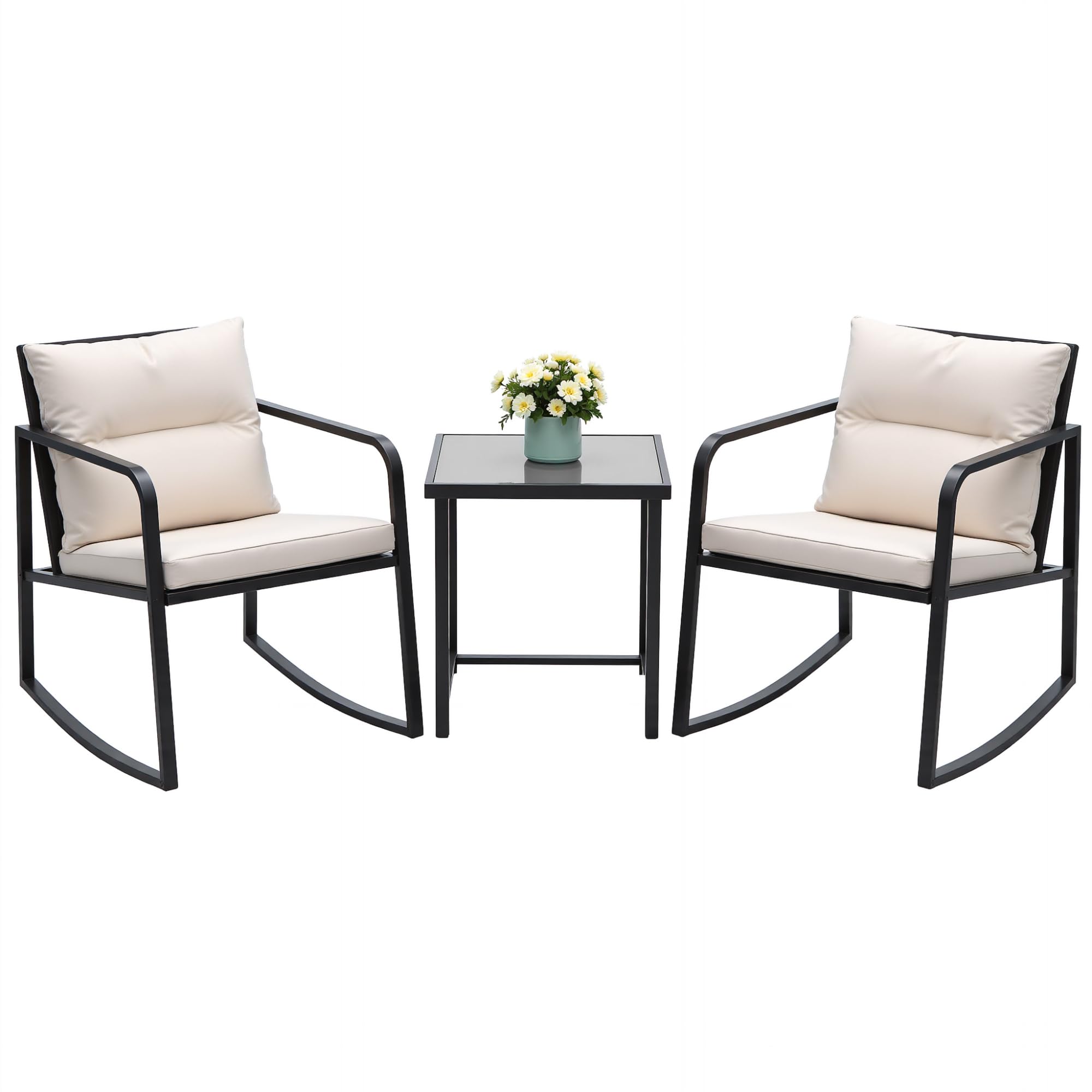 Devoko 3 Piece Rocking Bistro Set Wicker Patio Outdoor Furniture Porch Chairs Conversation Sets with Glass Coffee Table (Beige)