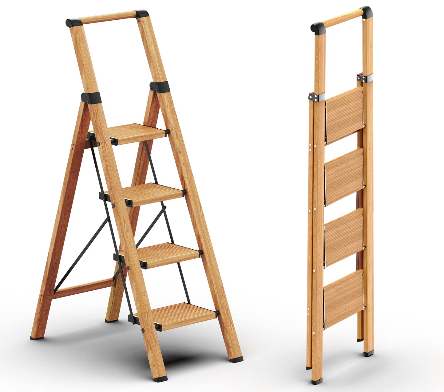 GameGem Folding Step Ladder, 4 Step Ladder with Anti-Slip and Wide Pedal, Lightweight Aluminum Step Stool with Handgrip, Space S