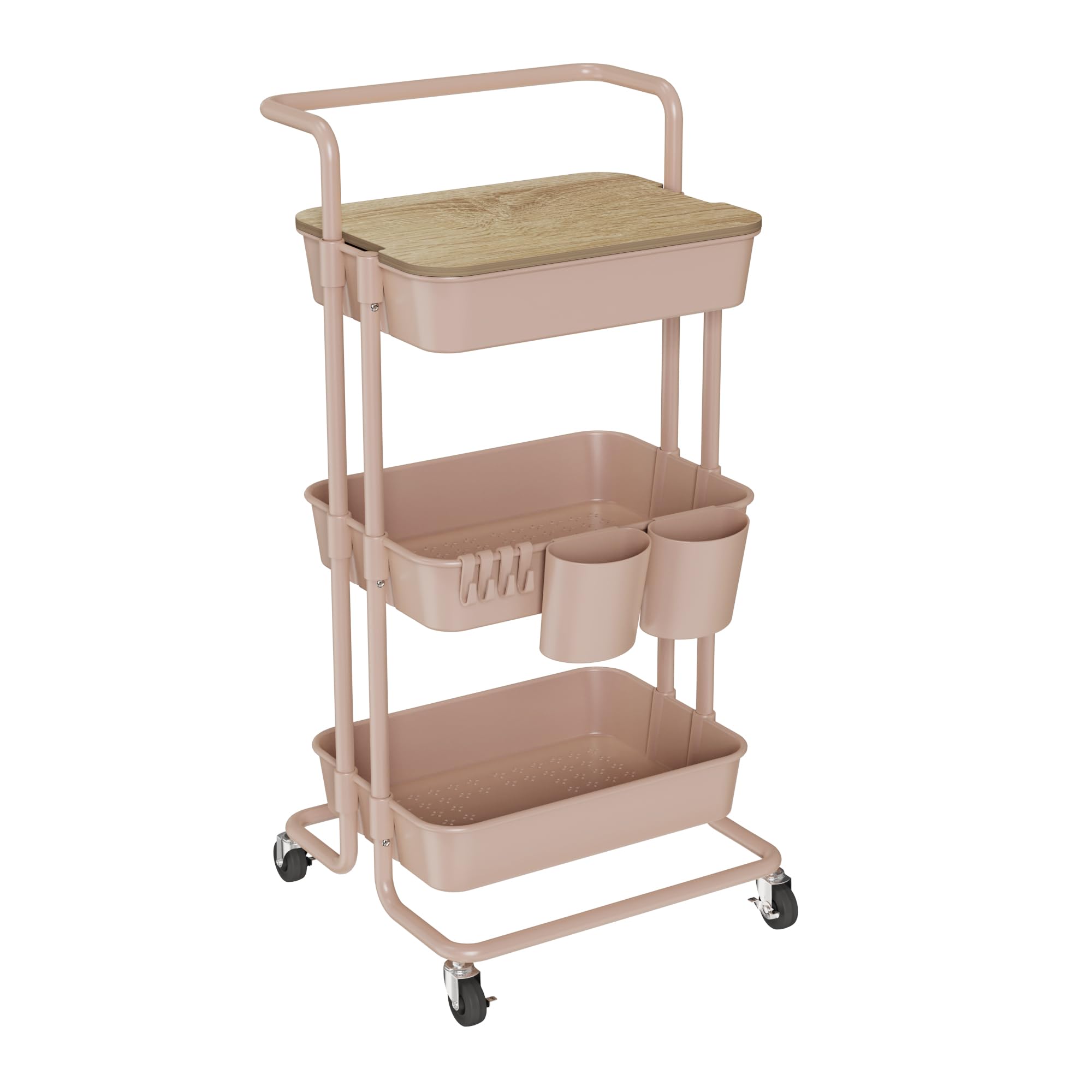 DTK 3 Tier Rolling Utility Cart with Cover Top Board, Movable Kitchen Storage Cart Trolley with Lockable Wheels, Cups, Hooks for