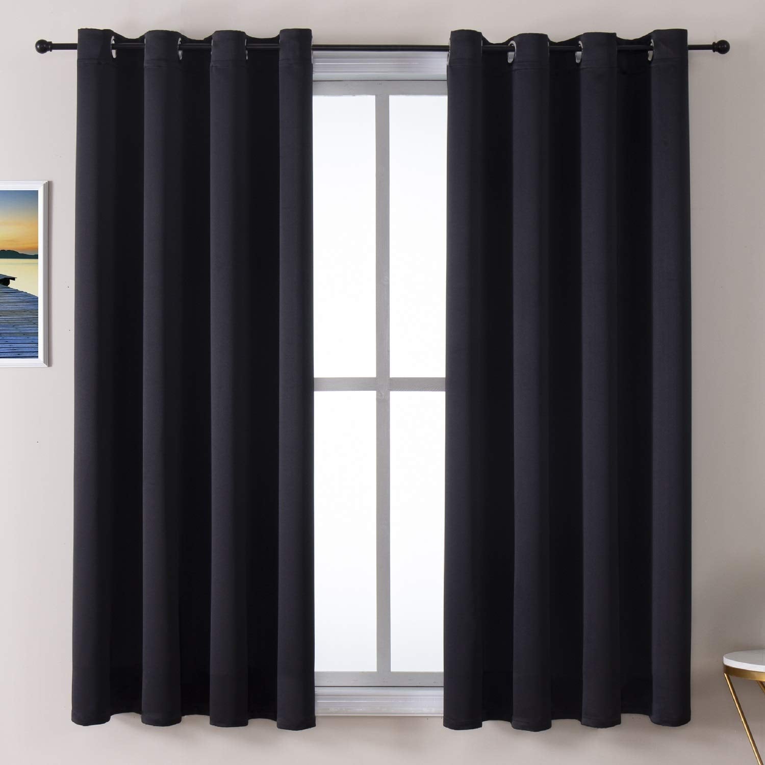 ChrisDowa Grommet Blackout Curtains for Bedroom and Living Room - 2 Panels Set Thermal Insulated Room Darkening Curtains (Black,