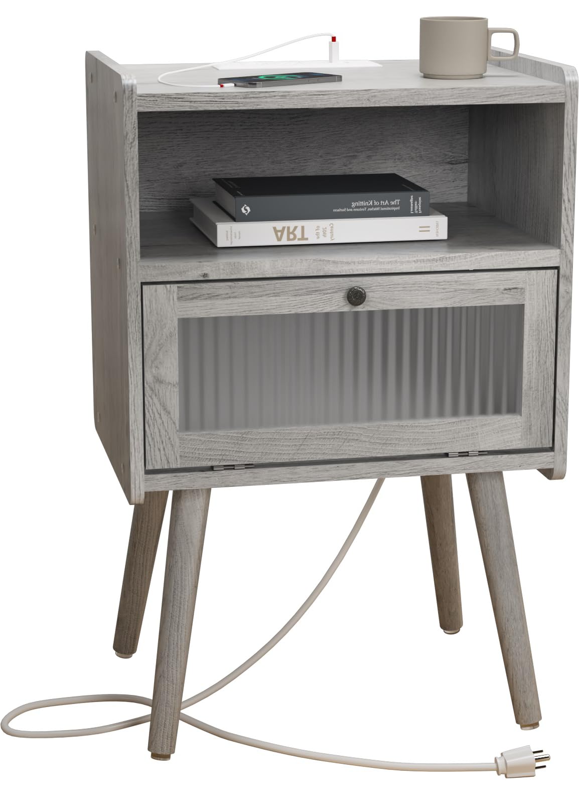 Mid Century Modern Nightstand with Charging Station, Bedside Tables with Glass Door, End Table Side Table with 2 Tiers Storage S