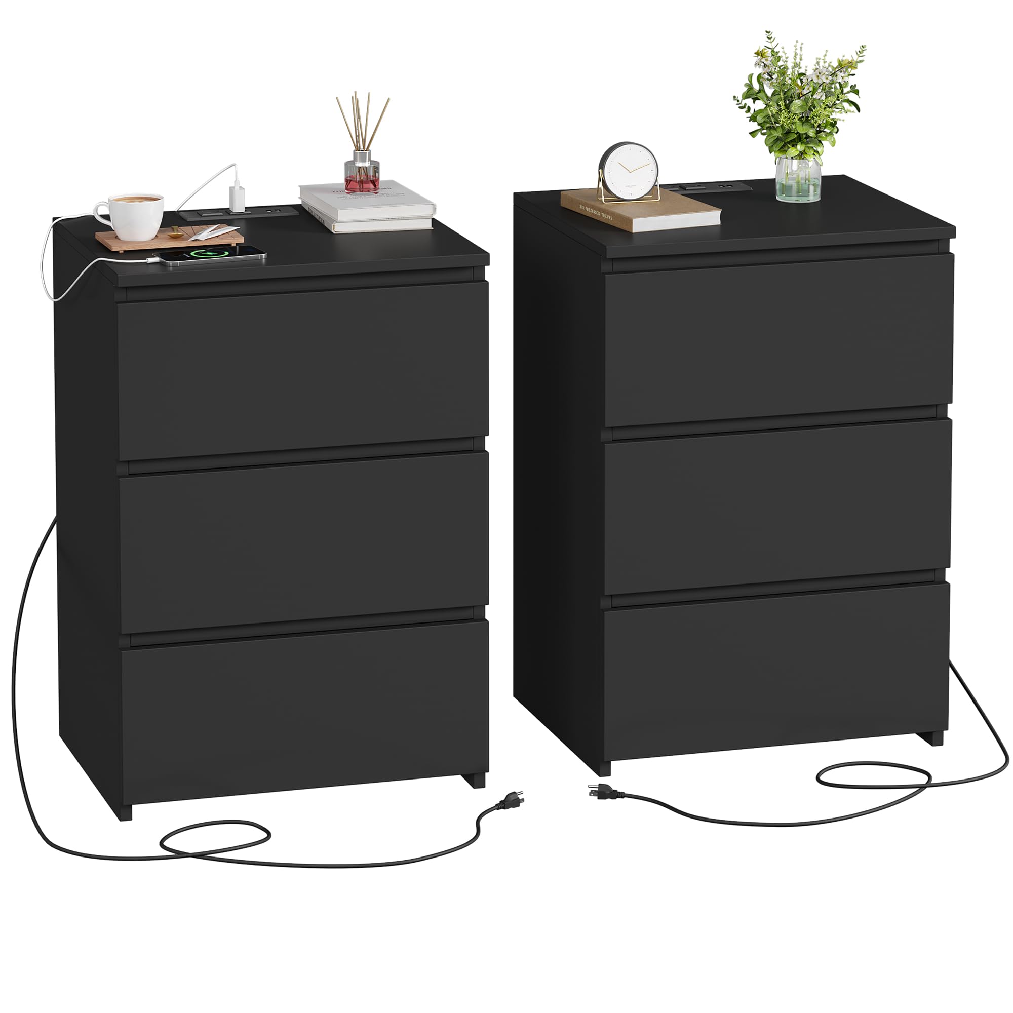 FOTOSOK Black Nightstand Set of 2, 26  H Night Stand Set 2 with Charging Station, Black Night Stand with USB Ports & Power Outle