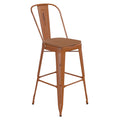 Flash Furniture Carly Commercial Grade 30 High Orange Metal Indoor-Outdoor Bar Height Stool with Back and Teak Polystyrene Seat