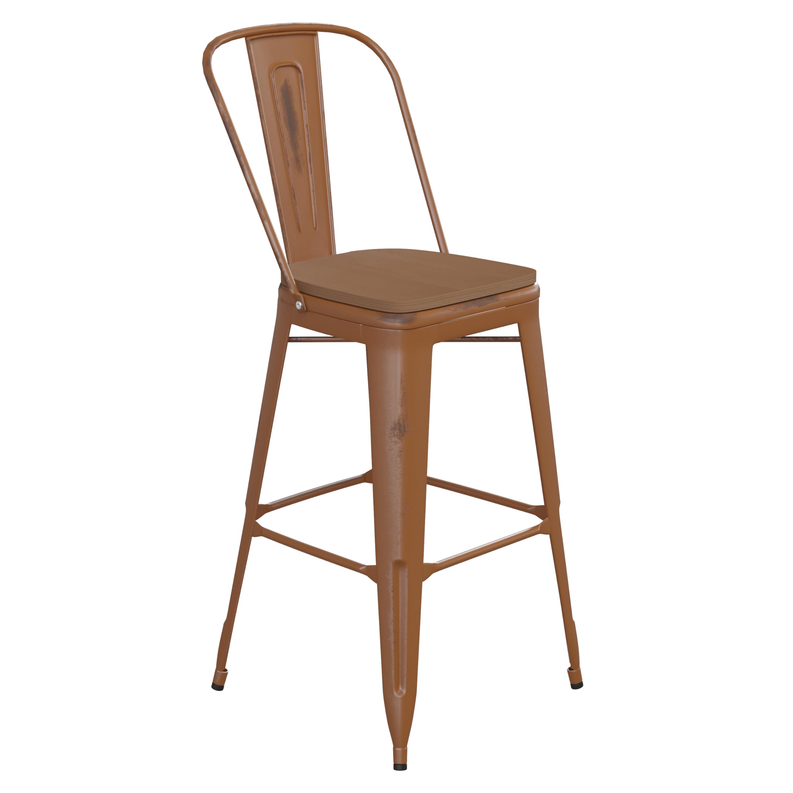 Flash Furniture Carly Commercial Grade 30 High Orange Metal Indoor-Outdoor Bar Height Stool with Back and Teak Polystyrene Seat