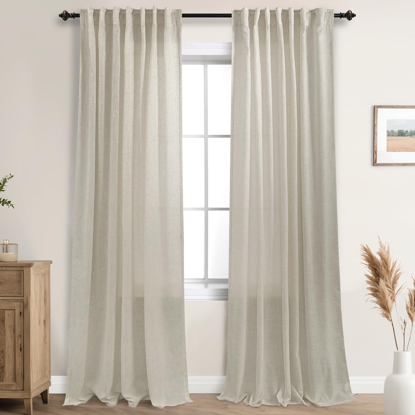 Beige Back Tab Linen Textured Curtains 120 Inch Length for Living Room Bedroom Large Window, 10ft Tall Extra Long Farmhouse Tan 
