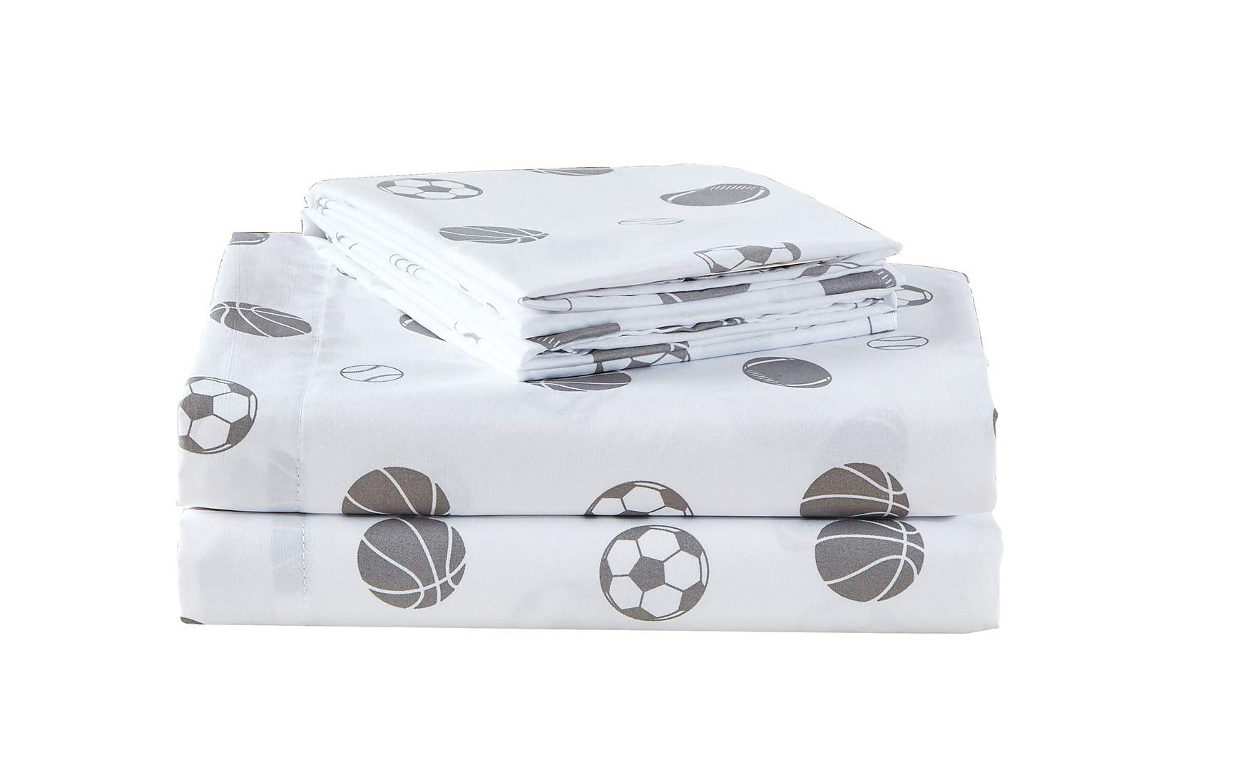 Chezmoi Collection 3-Piece Kids/Teens Sports Sheet Set - Soft Microfiber White Gray Baseball Basketball Football Soccer, Twin XL