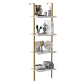 Wolawu Ladder Shelf 4 Tiers Metal Industrial Bookshelf,White Marble Wood Tall Open Storage Rack and Display Shelves,Wall Mount W