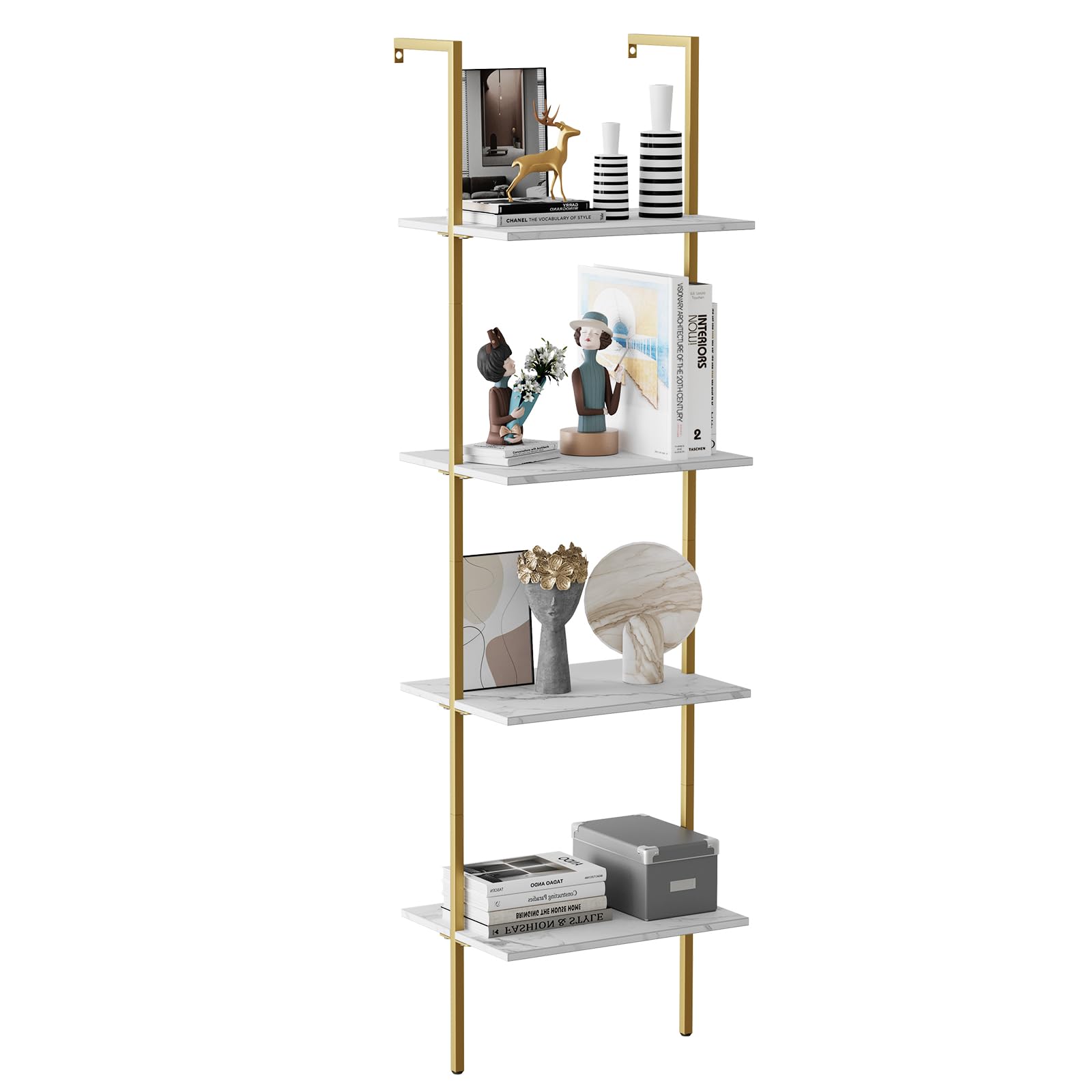 Wolawu Ladder Shelf 4 Tiers Metal Industrial Bookshelf,White Marble Wood Tall Open Storage Rack and Display Shelves,Wall Mount W