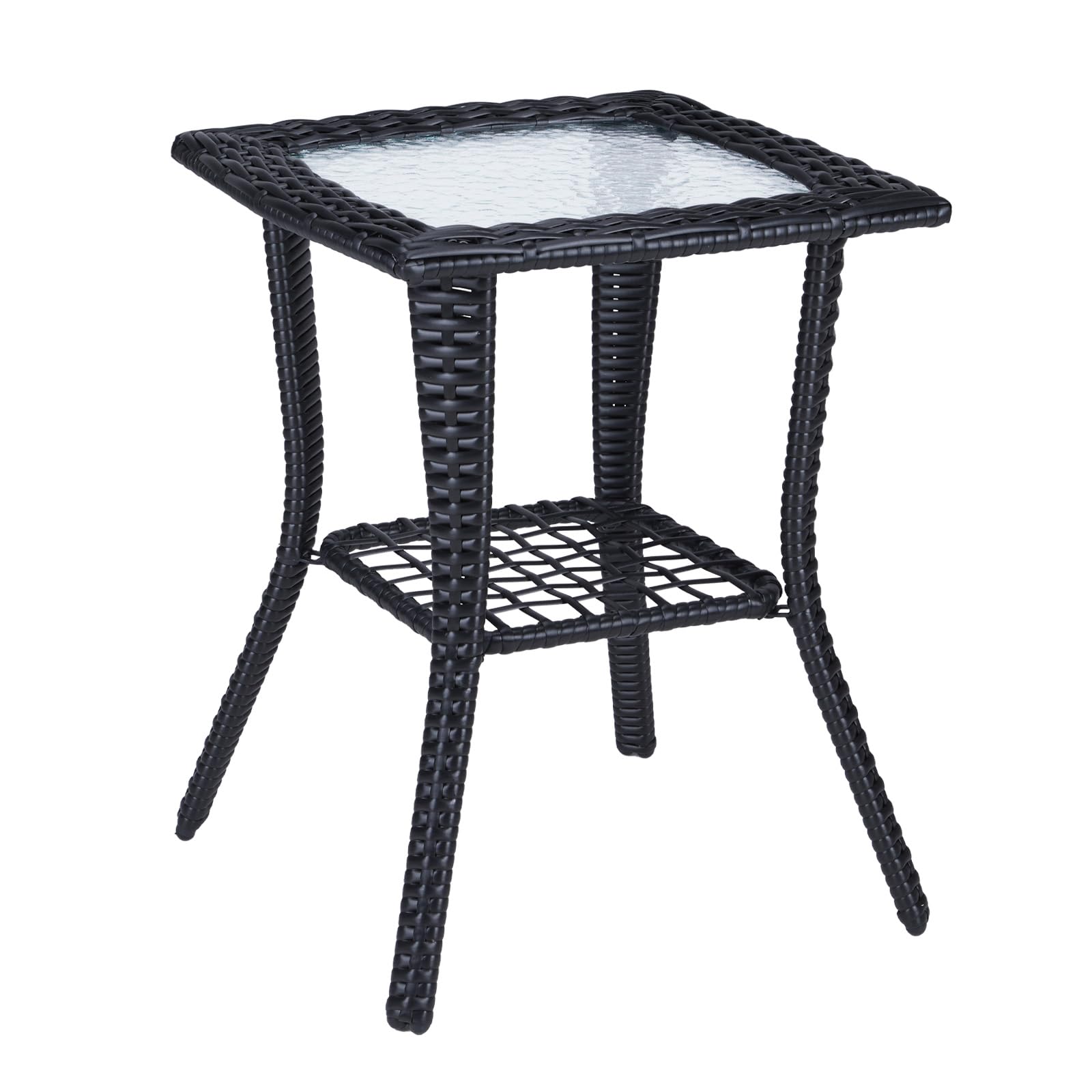 Pinikuyiro Outdoor Side Table with Storage Wicker Patio Side Table, Tempered Glass Top End Table for Balcony Porch Deck (Black)