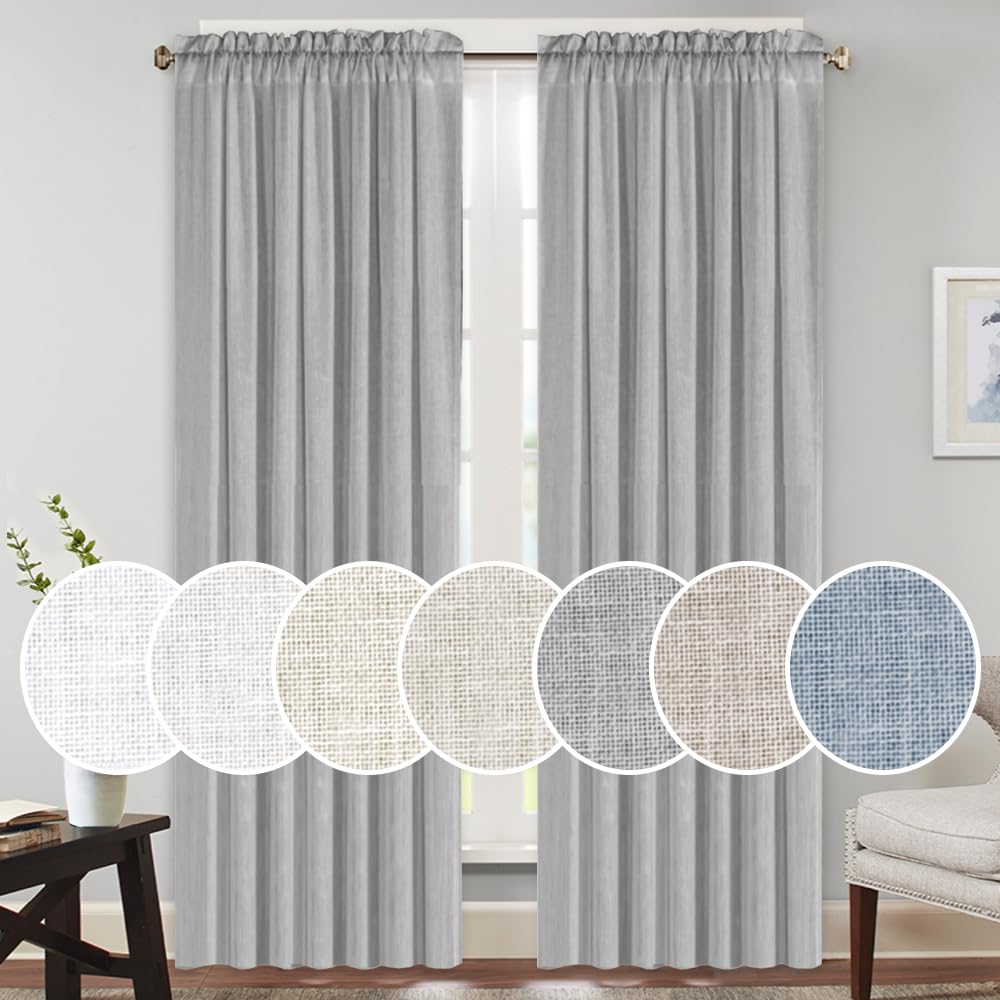 PrinceDeco Dove Grey Linen Curtains for Bedroom Linen Window Curtains 84 Inches Long Light Filtering Country Rustic Linen Curtai