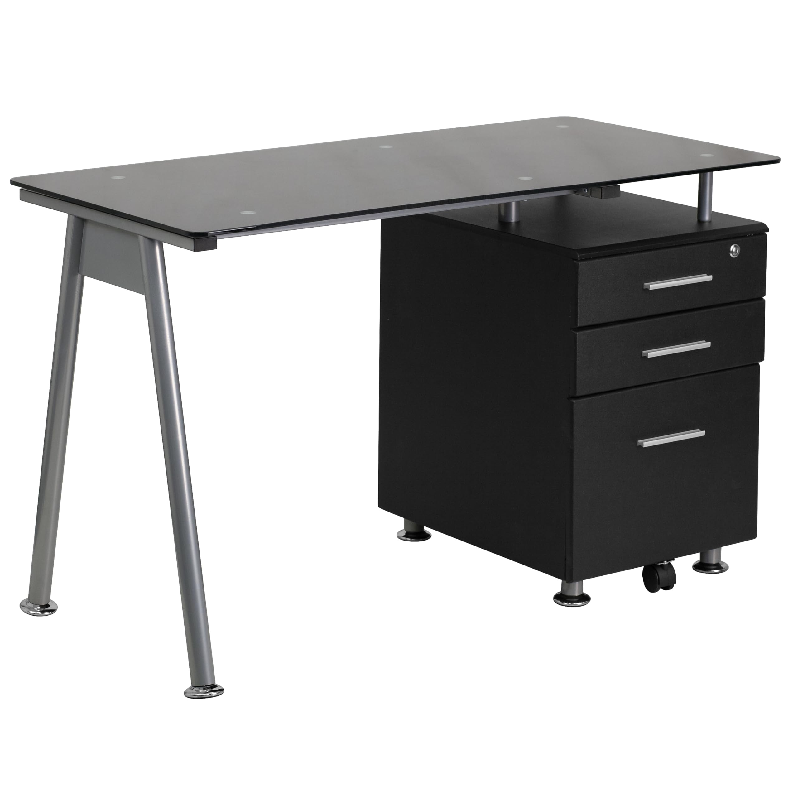 Flash Furniture Singleton Black Glass Computer Desk with Three Drawer Pedestal