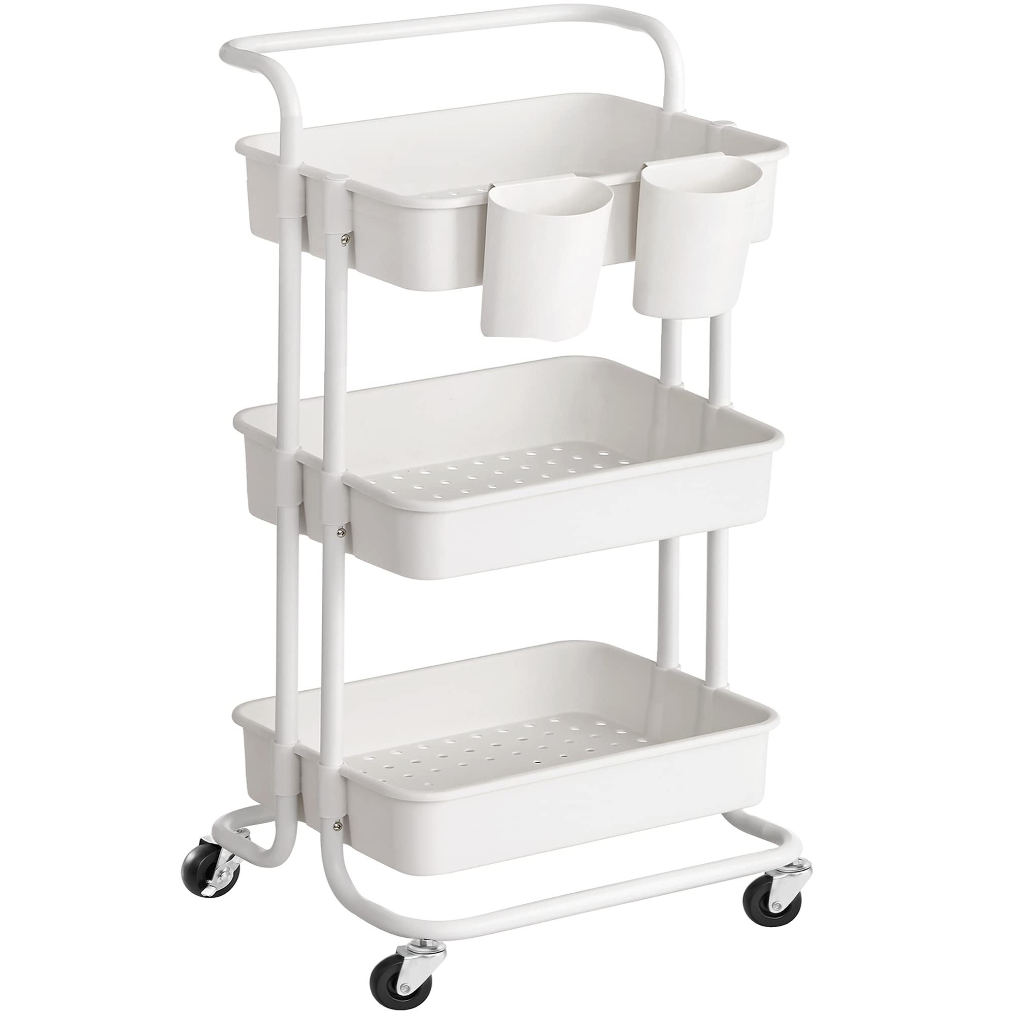 SONGMICS Rolling Cart, 3-Tier Storage Cart, Storage Trolley with Handle 2 Small Organizers, Steel Frame, Plastic Baskets, Utilit