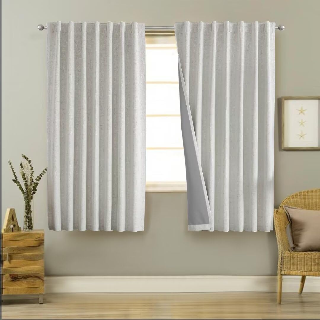 Joydeco 100% Black Out Curtains 63 inch Long 2 Panels Burg Natural Blackout Linen Drapes for Bedroom Living Room Darkening Curta