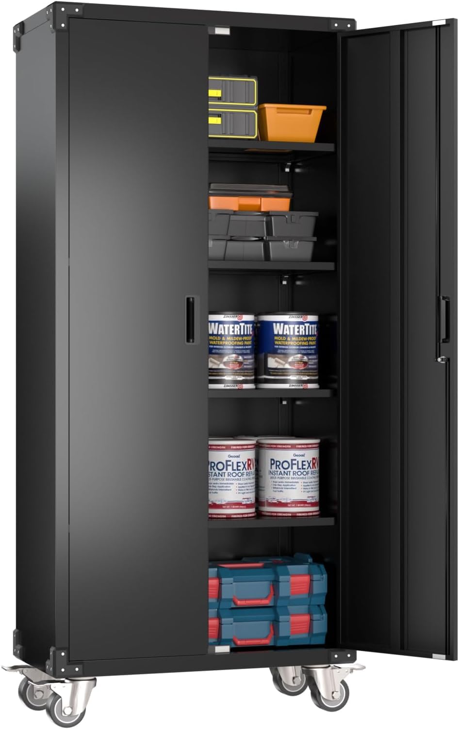 Aobabo Garage Storage Cabinet with Wheels,72 H Metal Storage Cabinet with 2 Doors and 4 Adjustable Shelves for Garage Home Stora