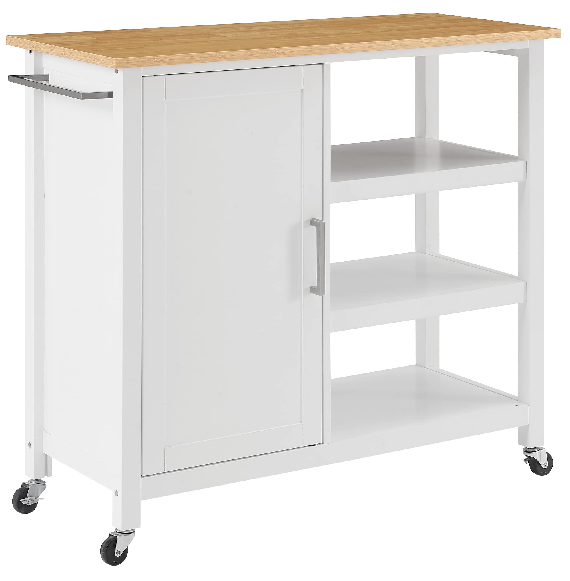 Crosley Furniture Tristan Open Rolling Kitchen Island Cart, Microwave Stand, Coffee Bar, with Shelves, White