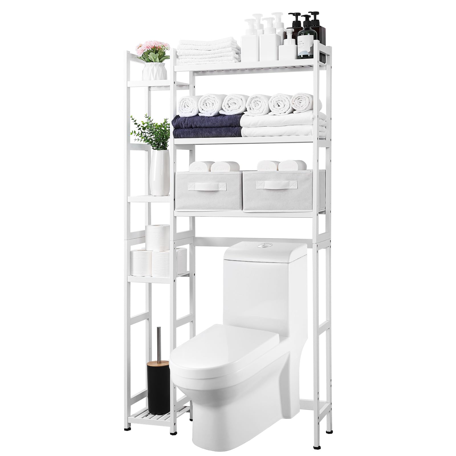 Homde Over The Toilet Storage with Basket and Drawer, Bamboo Bathroom Organizer with Adjustable Shelf & Waterproof Feet Pad, Spa