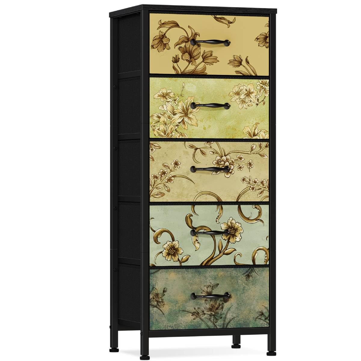 Furnulem Vertical Dresser for Bedroom, Tall Skinny Storage Tower with 5 Fabric Drawers, Chest of Drawers for Living Room, Dorm, 