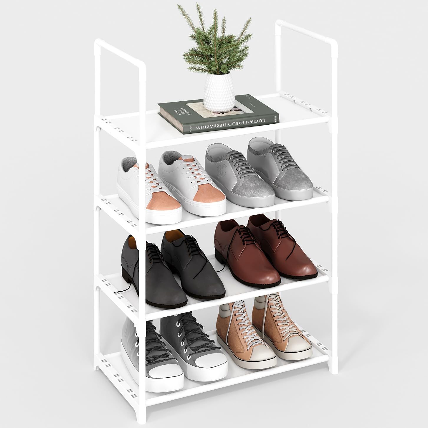 Yegazte Upgrade Stackable Small Shoe Rack, 4-Tier Shoe Shelf Storage Organizer with Handle for Entryway, Hallway and Closet(Whit