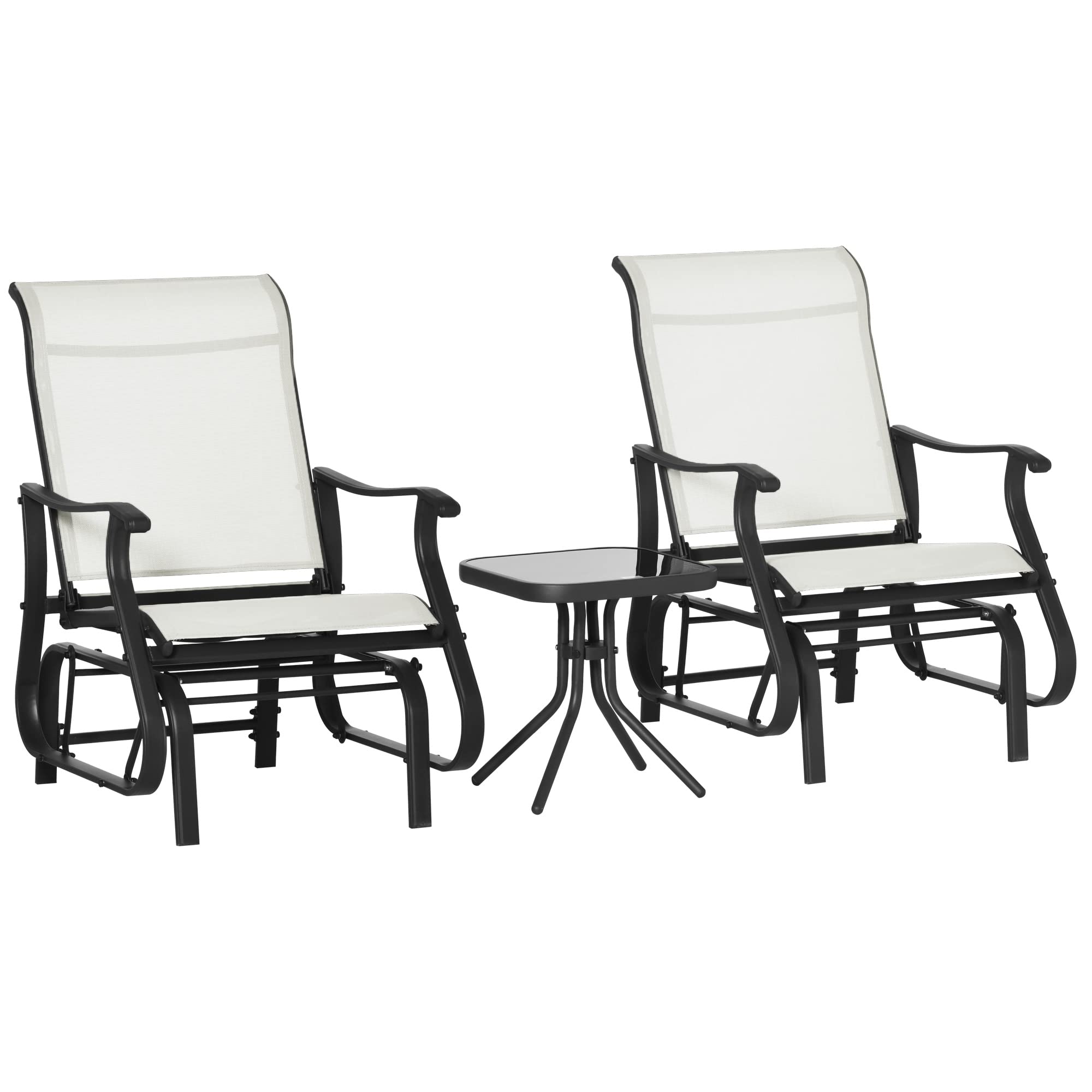 Outsunny 3-Piece Outdoor Gliders Set Bistro Set with Steel Frame, Tempered Glass Top Table for Patio, Garden, Backyard, Lawn, Cr