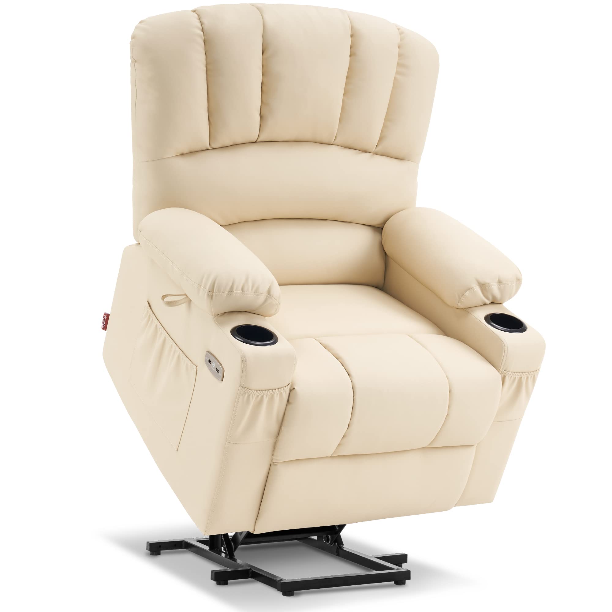 MCombo Power Lift Recliner Chair Sofa with Massage and Heat for Elderly People, Cup Holders, USB Ports, Side Pockets, Faux Leath