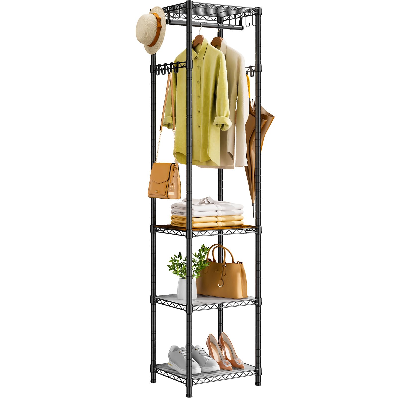 Roxibelt R1 Coat Rack Freestanding, Hall Tree with 4 Storage Shelves and 16 Hooks, Coat Rack Stand with Shelves, Small Clothes R