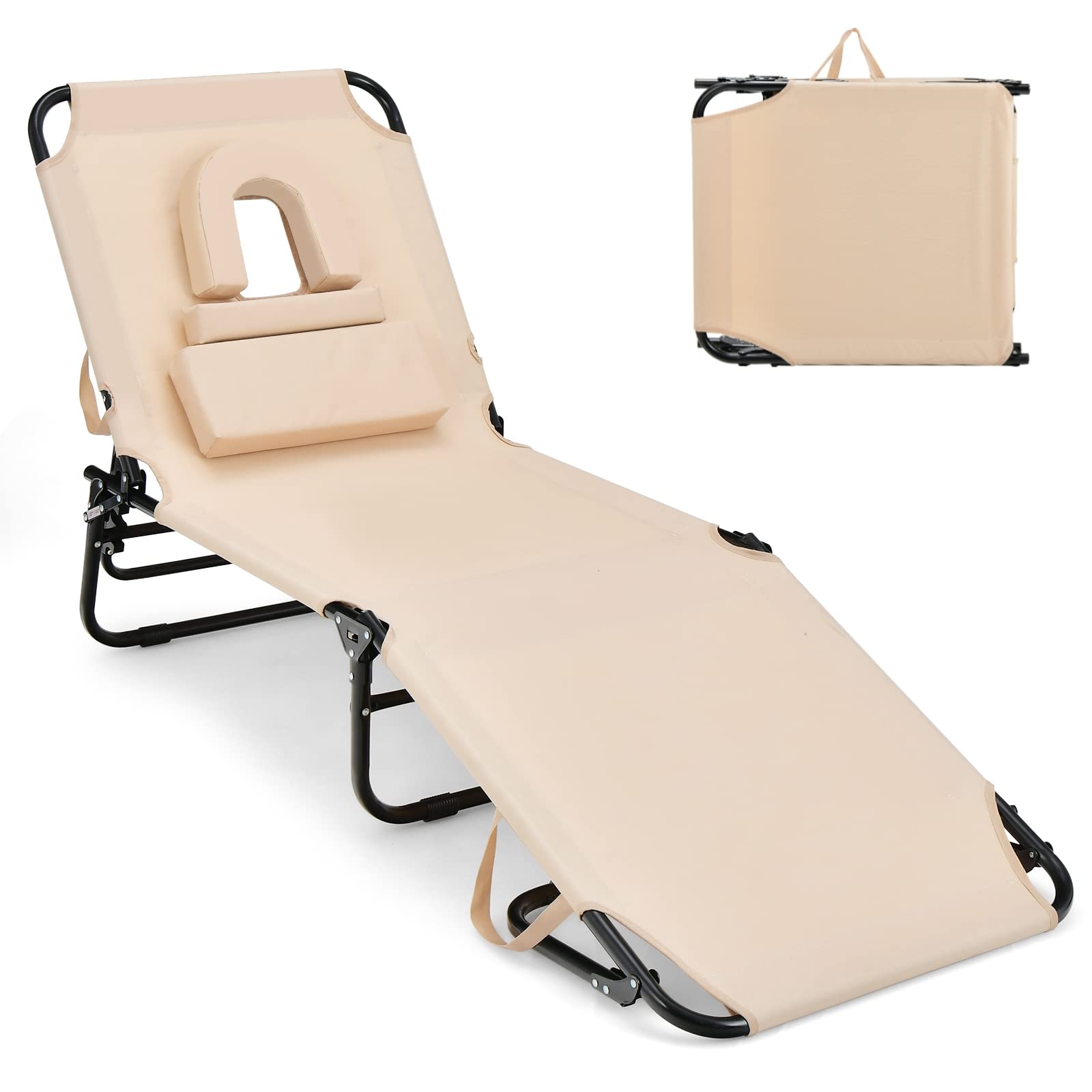 GYMAX Tanning Chair, 350lbs Beach Lounge Chair with Face Hole, Washable Pillow & Carry Strap, Adjustable Folding Chaise Lounge, 