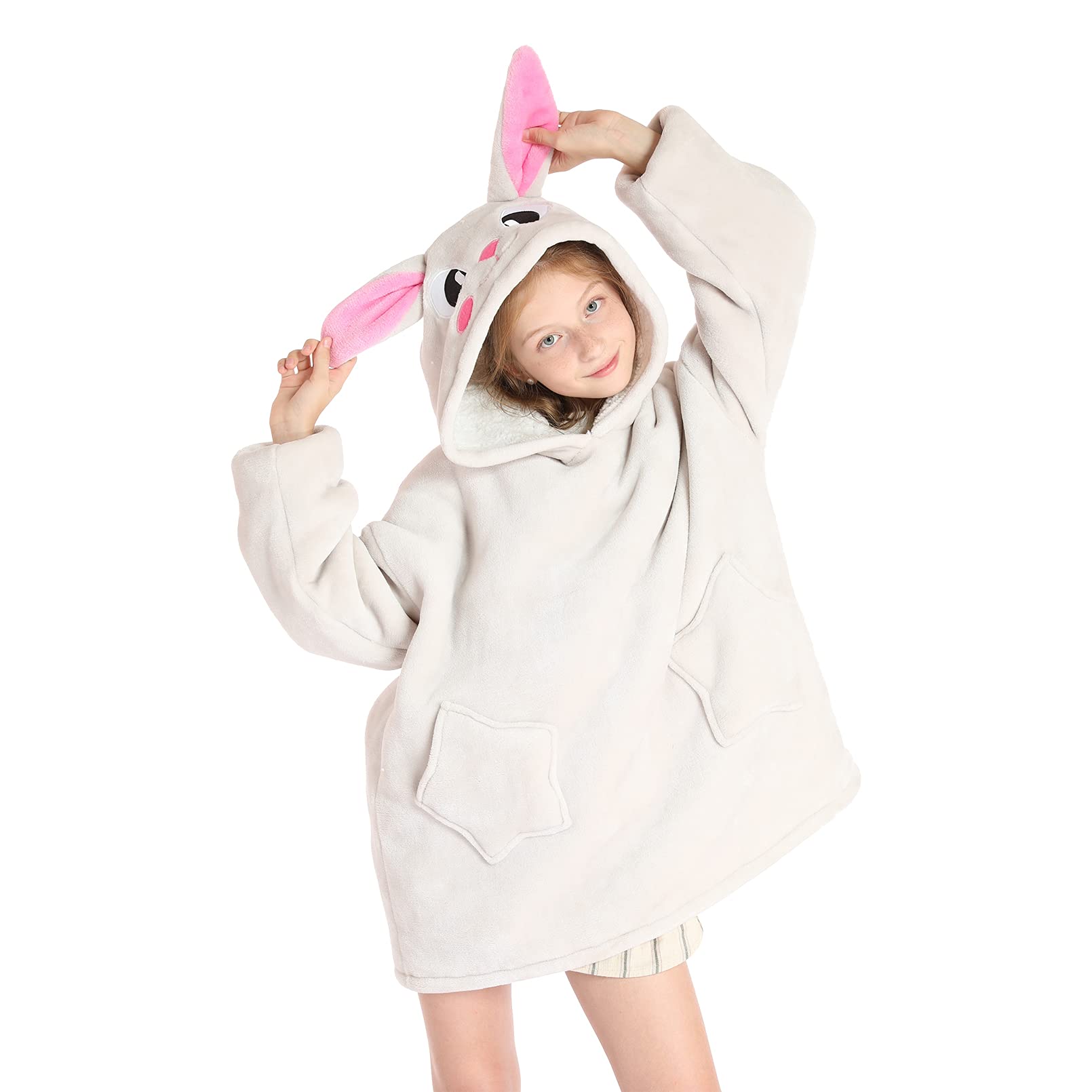 Deserthome Wearable Blanket Hoodie for Kids 4-12YR Oversized Animal Hooded Blanket Super Soft Comfortable Warm Flannel Grey Rabb
