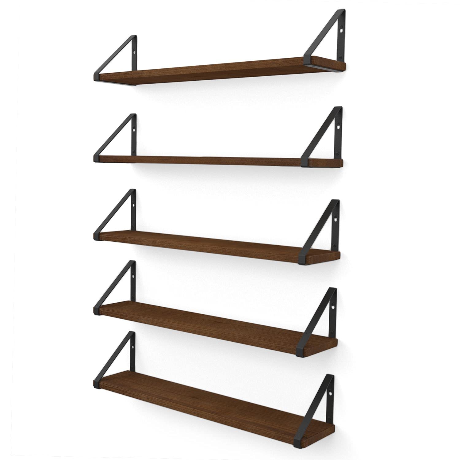 Wallniture Ponza Floating Shelves for Wall, 24 Floating Bookshelf, Wood Wall Shelves for Bedroom Decor, Walnut, Set of 5