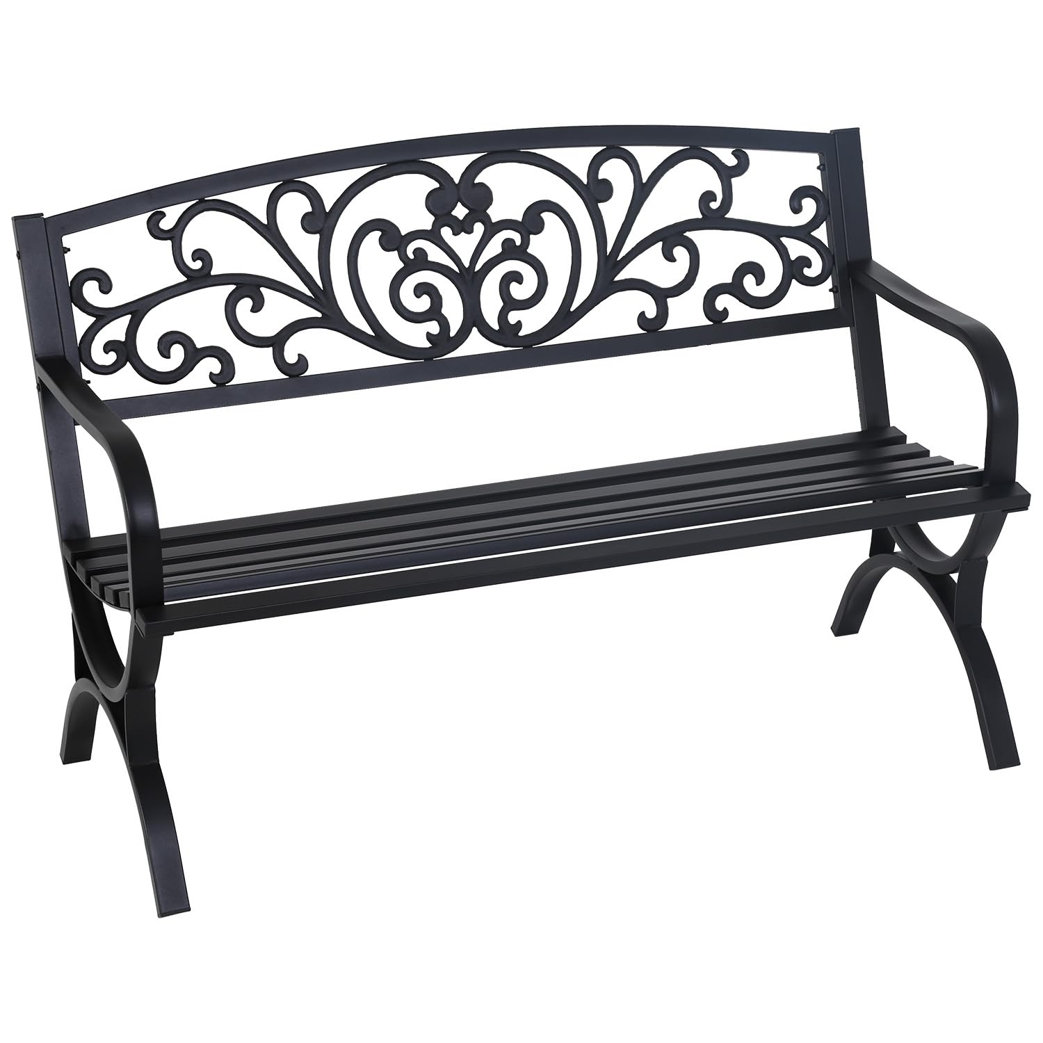 FDW Outdoor 50 Inches Garden Bench, Slatted Seat Armrests Floral Design Backres and Arch Legs, Perfect for Park, Yard, Porch, La