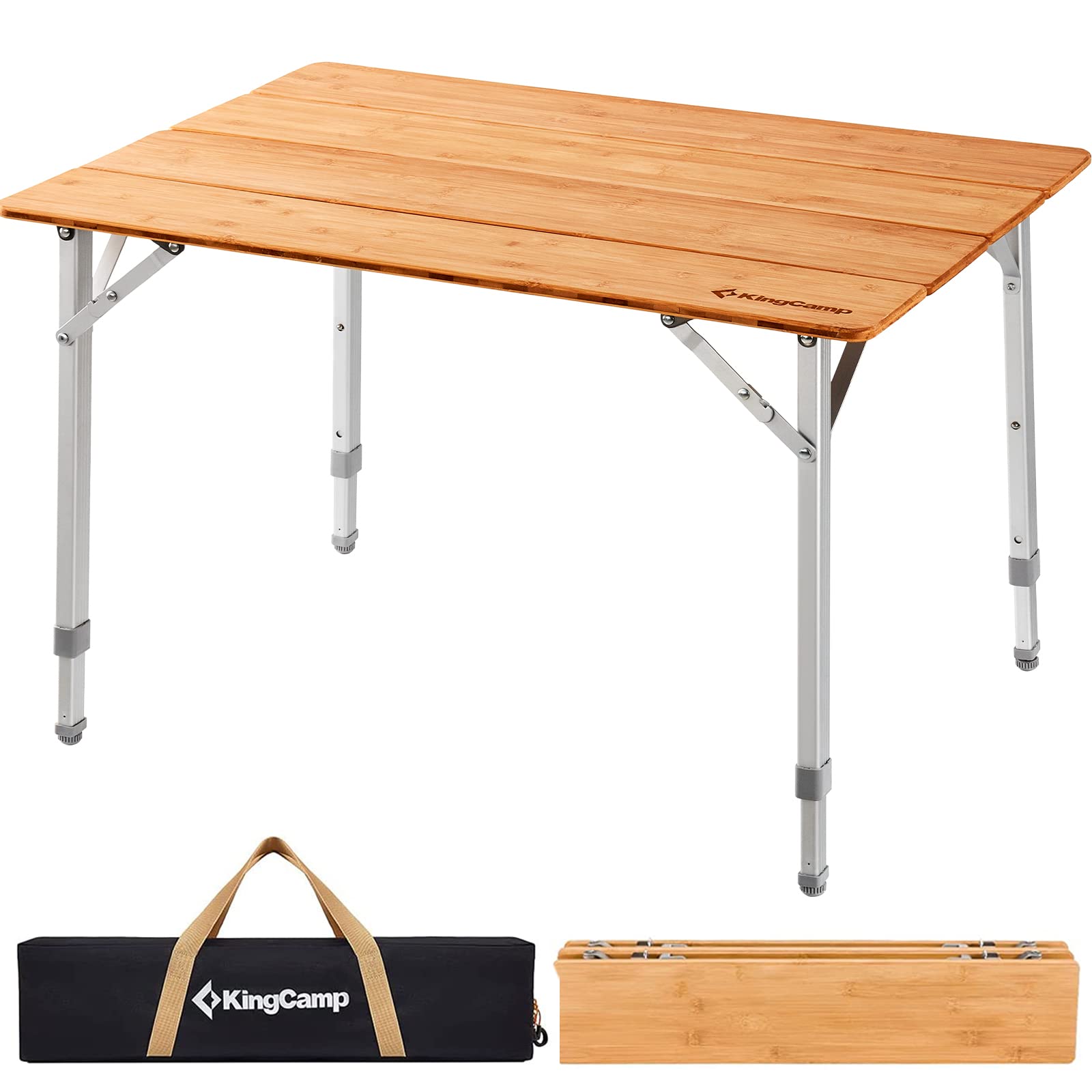 KingCamp Adjustable Height Folding Table, 4-Fold Bamboo Camping Outdoor Portable RV Camp Table with Carry Bag for Outdoor Car Ba
