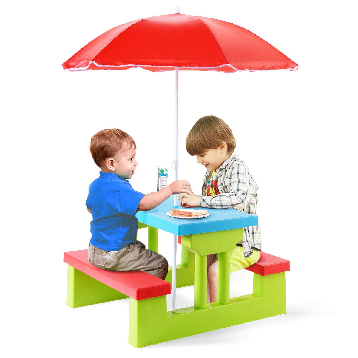 HONEY JOY Kids Picnic Table, Toddler Plastic Outdoor Table & Bench Set with Umbrella, Children Patio Furniture Set for Backyard 