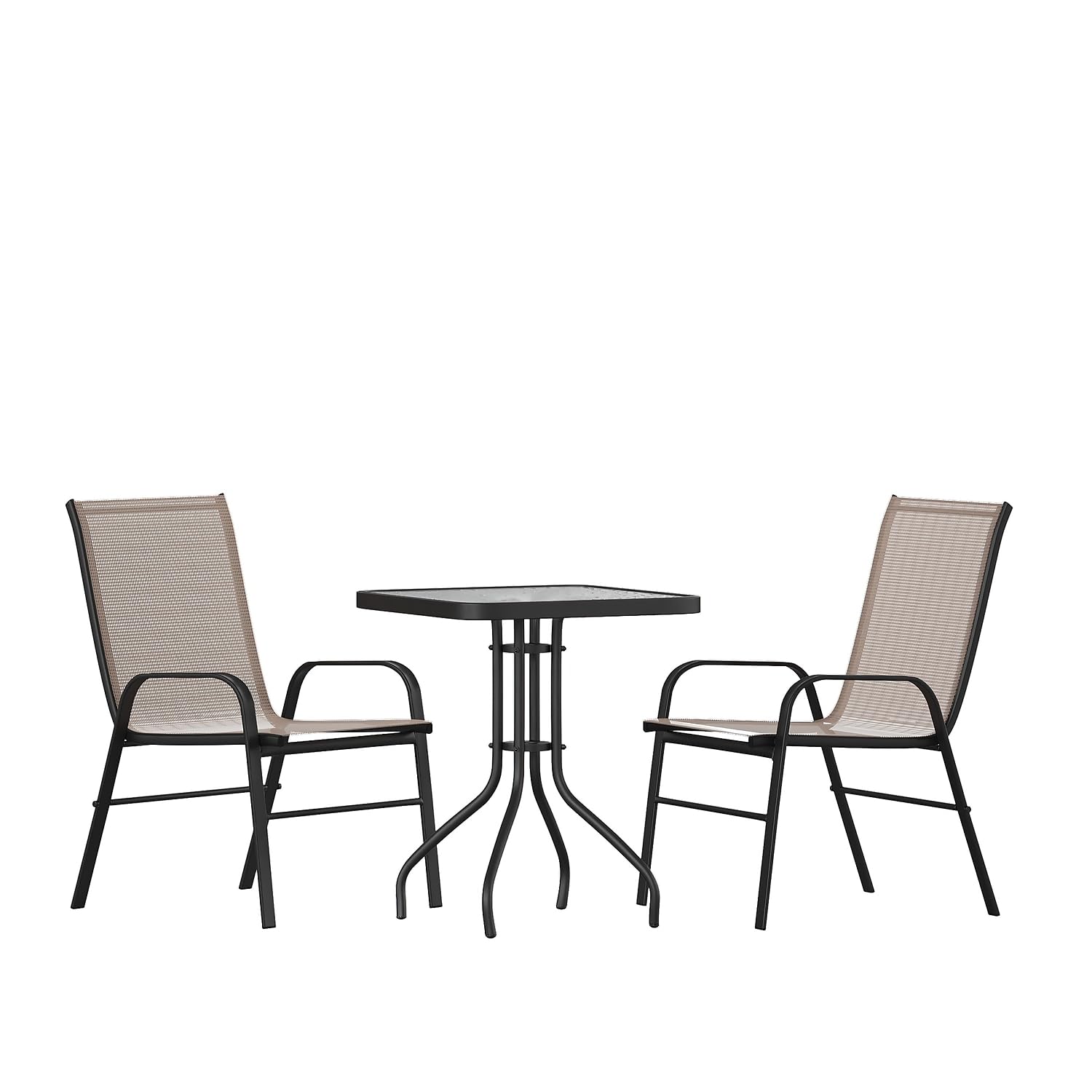 Flash Furniture Brazos 3 Piece Outdoor Patio Dining Set - 2 Brown Flex Comfort Stack Chairs - 23.5 Square Tempered Glass Patio T